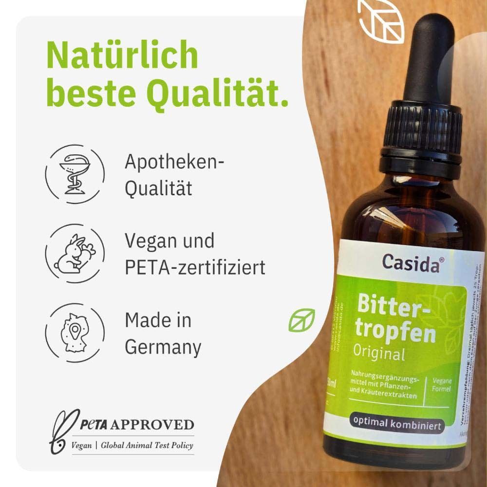 Flacon avec texte: "Naturellement la meilleure qualité". Qualité pharmacie, végétalien, certifié PETA, Fabriqué en Allemagne.