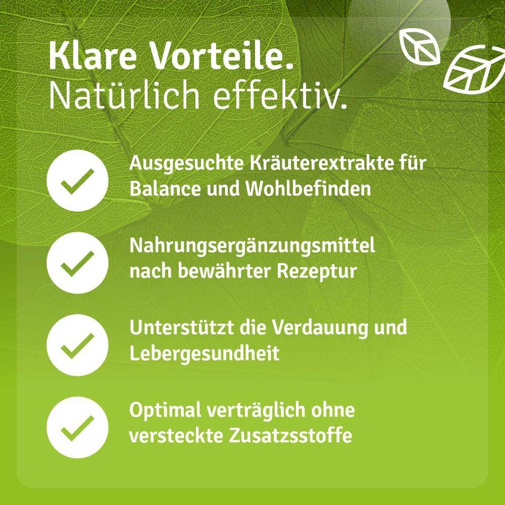 Flacon avec texte: "Avantages clairs. Naturellement efficace". Extraits de plantes sélectionnés, compléments alimentaires.