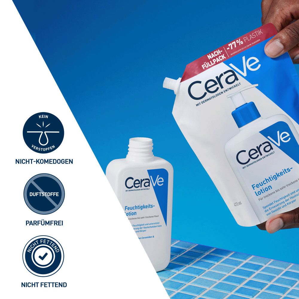 Lotion hydratante CeraVe et recharge. Non comédogène, sans parfum, non grasse. Emballage bleu et blanc.
