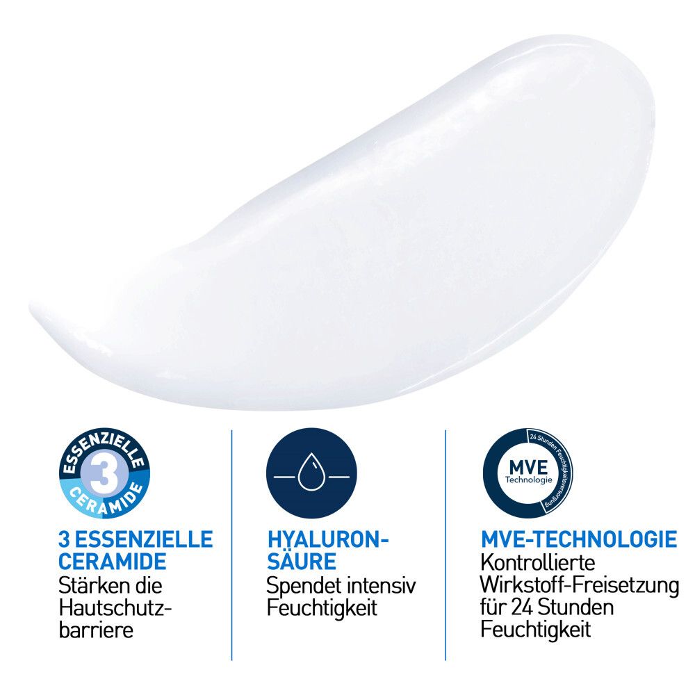 Produit blanc. 3 céramides essentielles, acide hyaluronique, technologie MVE. Hydratation 24h.