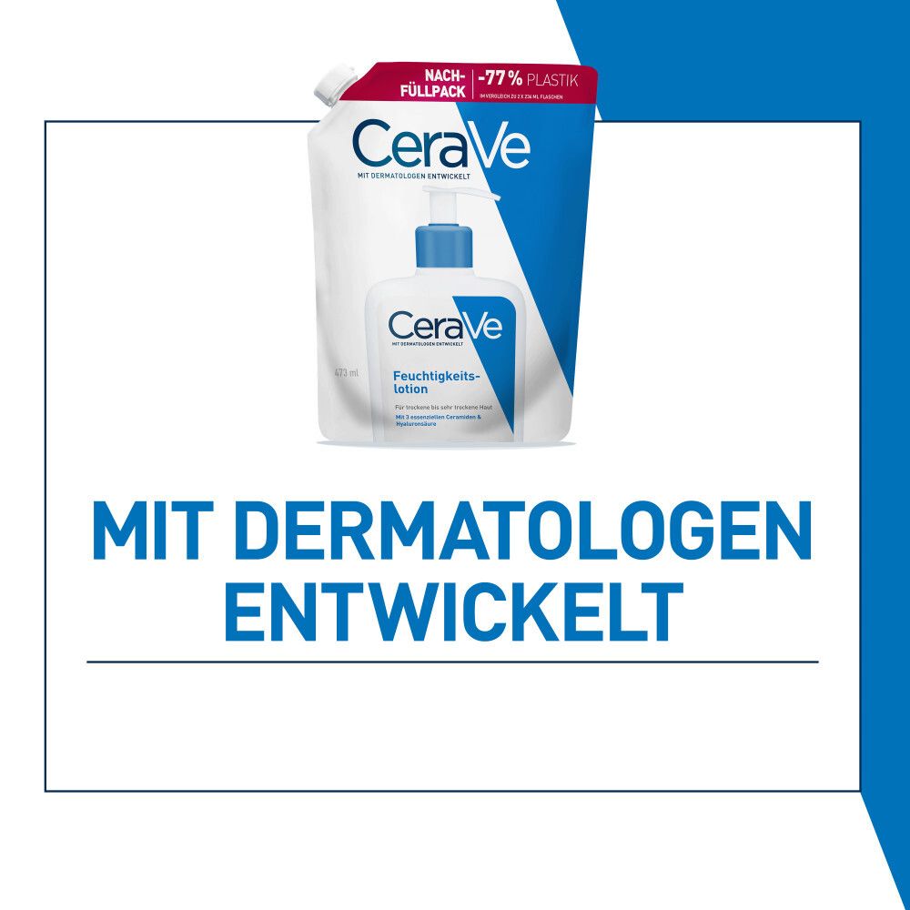 Lotion hydratante CeraVe et recharge. Développé avec des dermatologues. Emballage bleu et blanc.