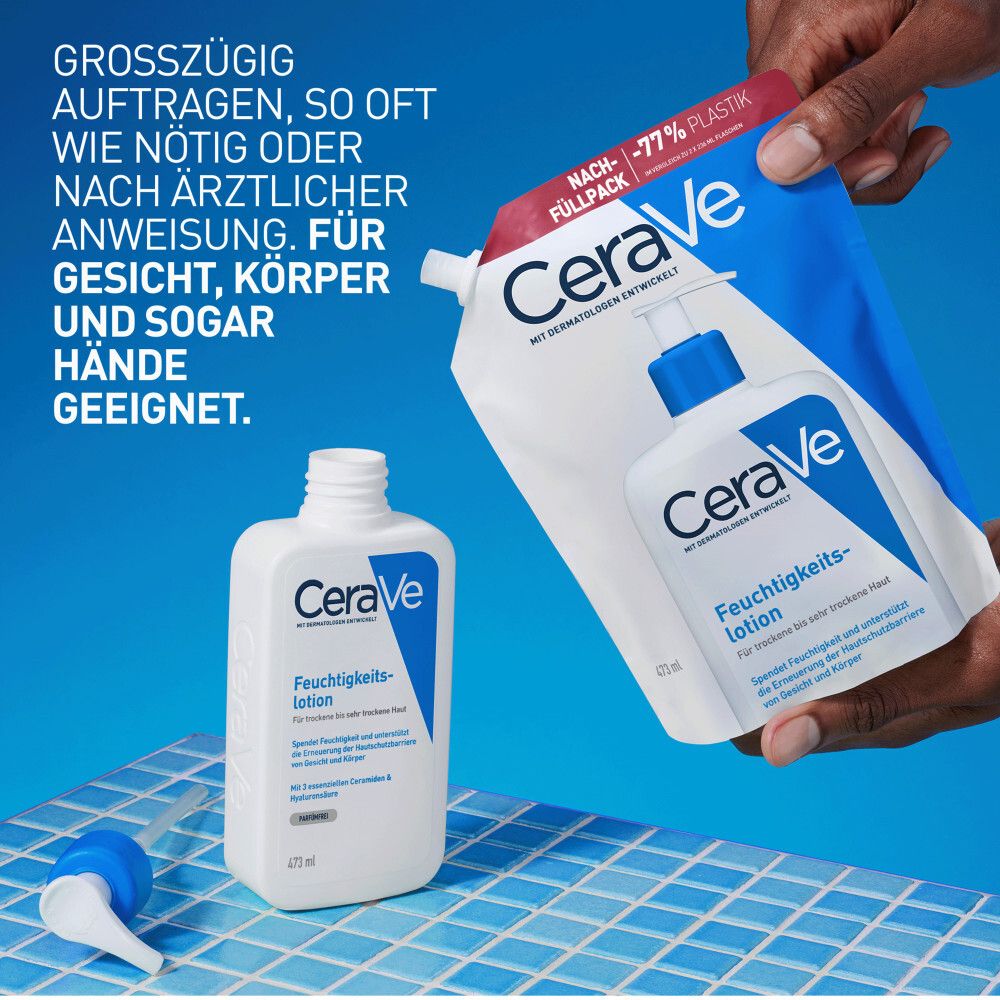 Lotion hydratante CeraVe et recharge. Pour le visage, le corps et les mains. Emballage blanc.