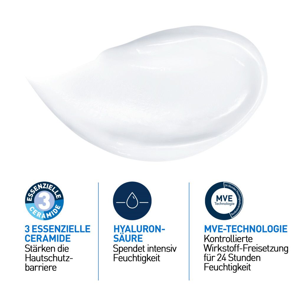 Gros plan sur une crème blanche. 3 céramides essentiels, acide hyaluronique, technologie MVE pour 24h d'hydratation.