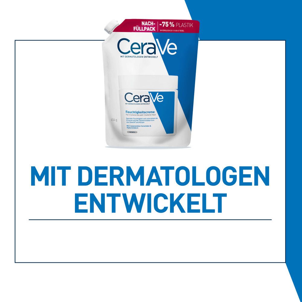 Recharge et pot de crème hydratante CeraVe. Développé avec des dermatologues. Fond bleu.