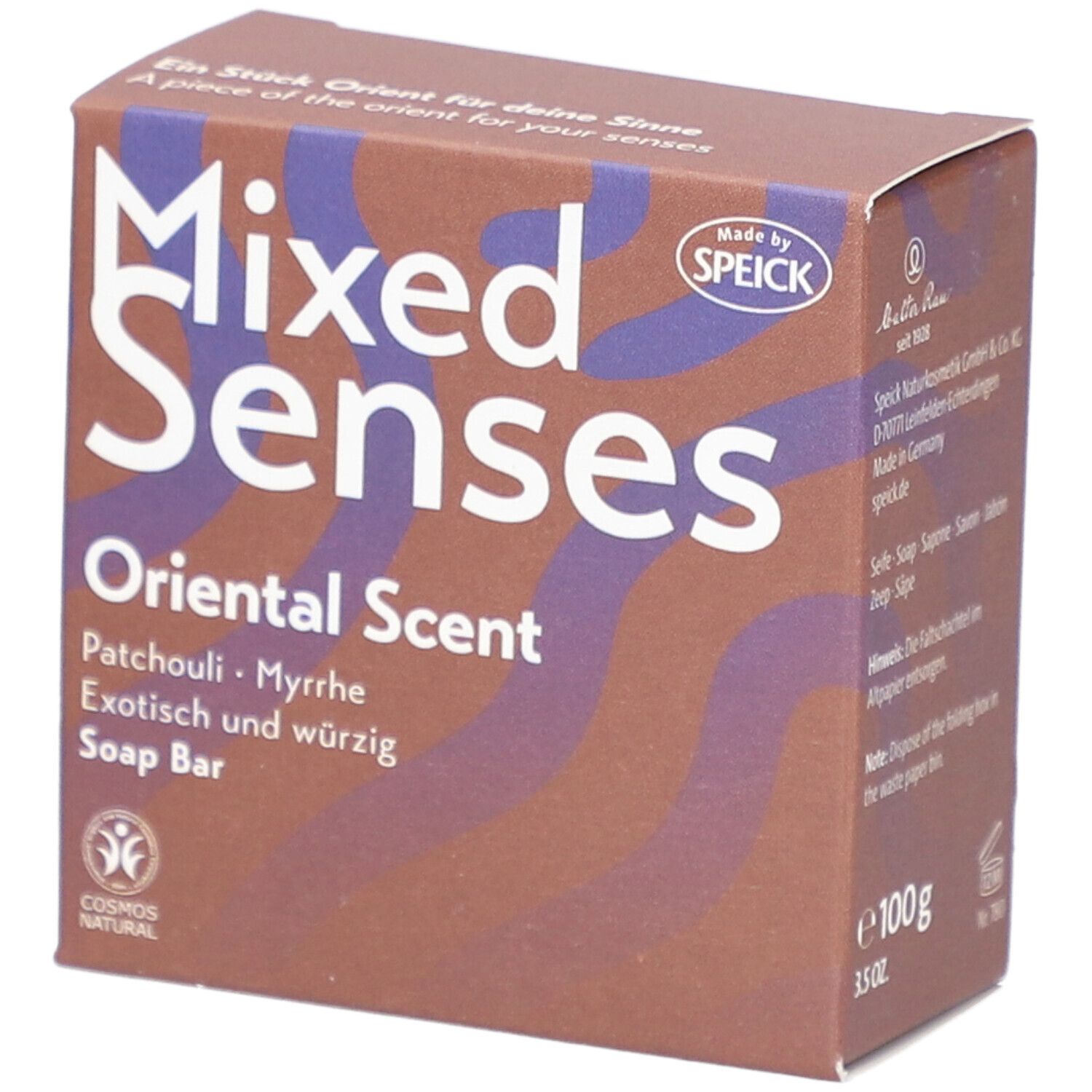 Boîte "Mixed Senses", "Oriental Scent", "Patchouli & Myrrhe". Certification Cosmos Natural visible.