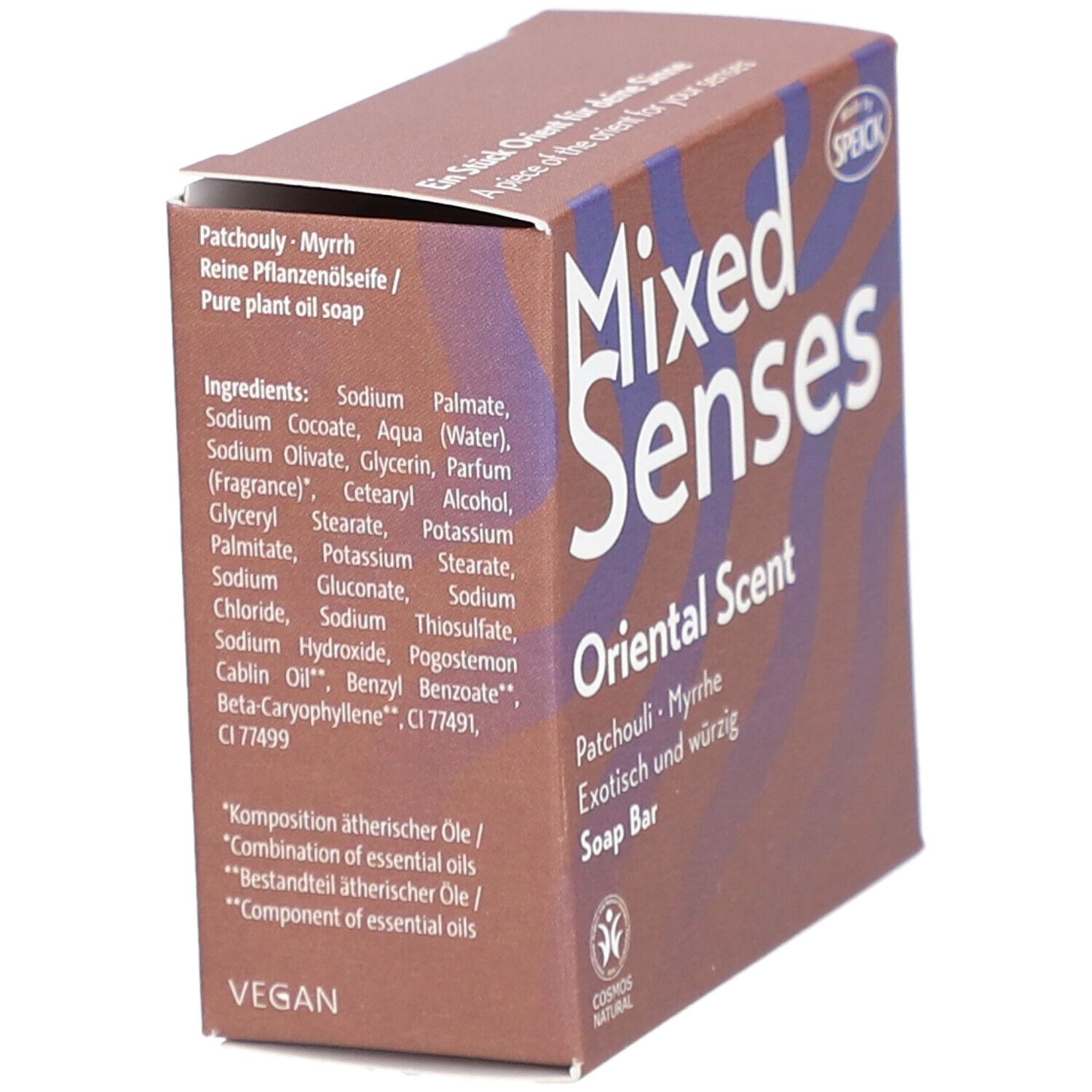 Boîte "Mixed Senses", "Oriental Scent" et liste d'ingrédients. Logo végan visible.