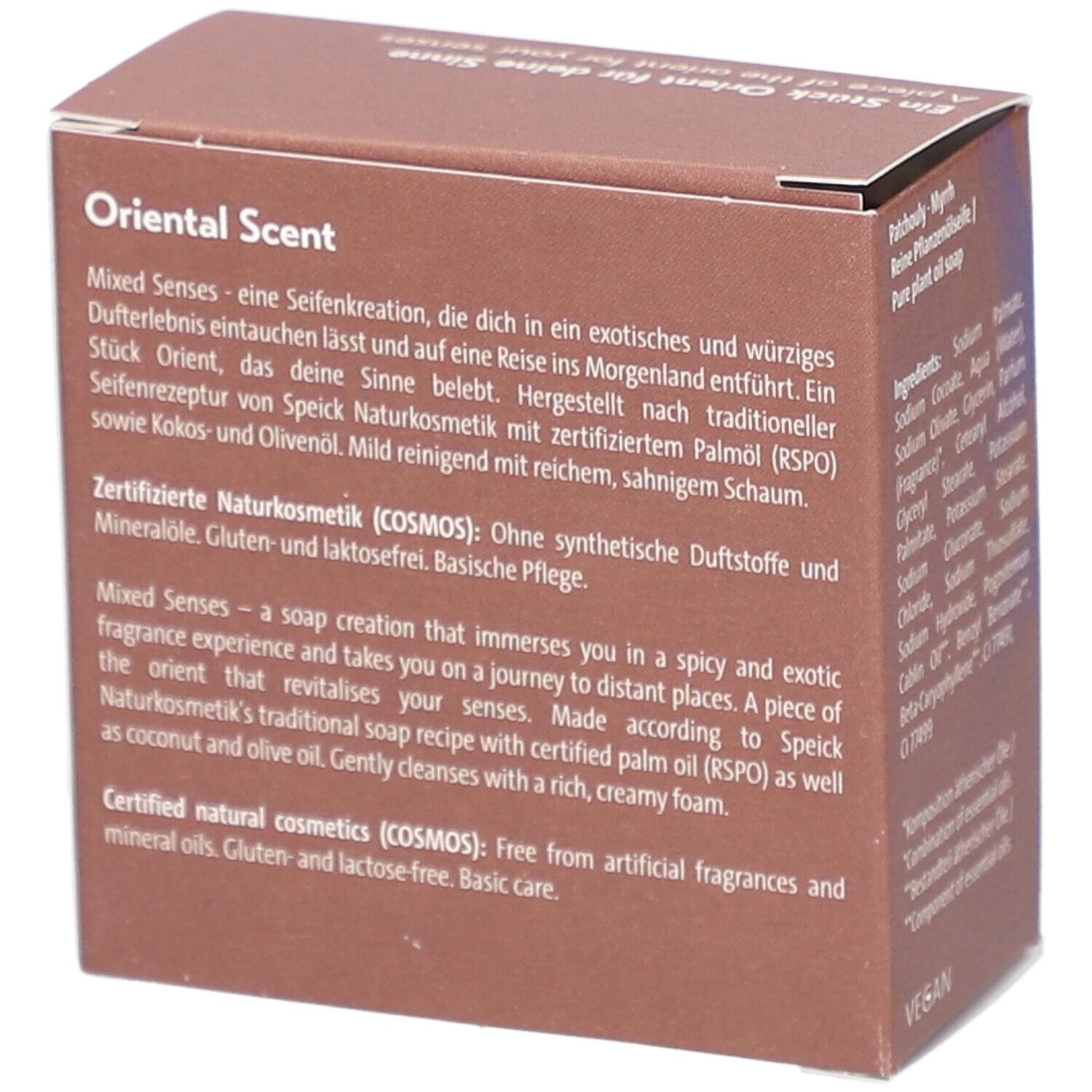 Boîte avec texte sur "Oriental Scent" et ingrédients. Logo végan et certification Cosmos Natural.