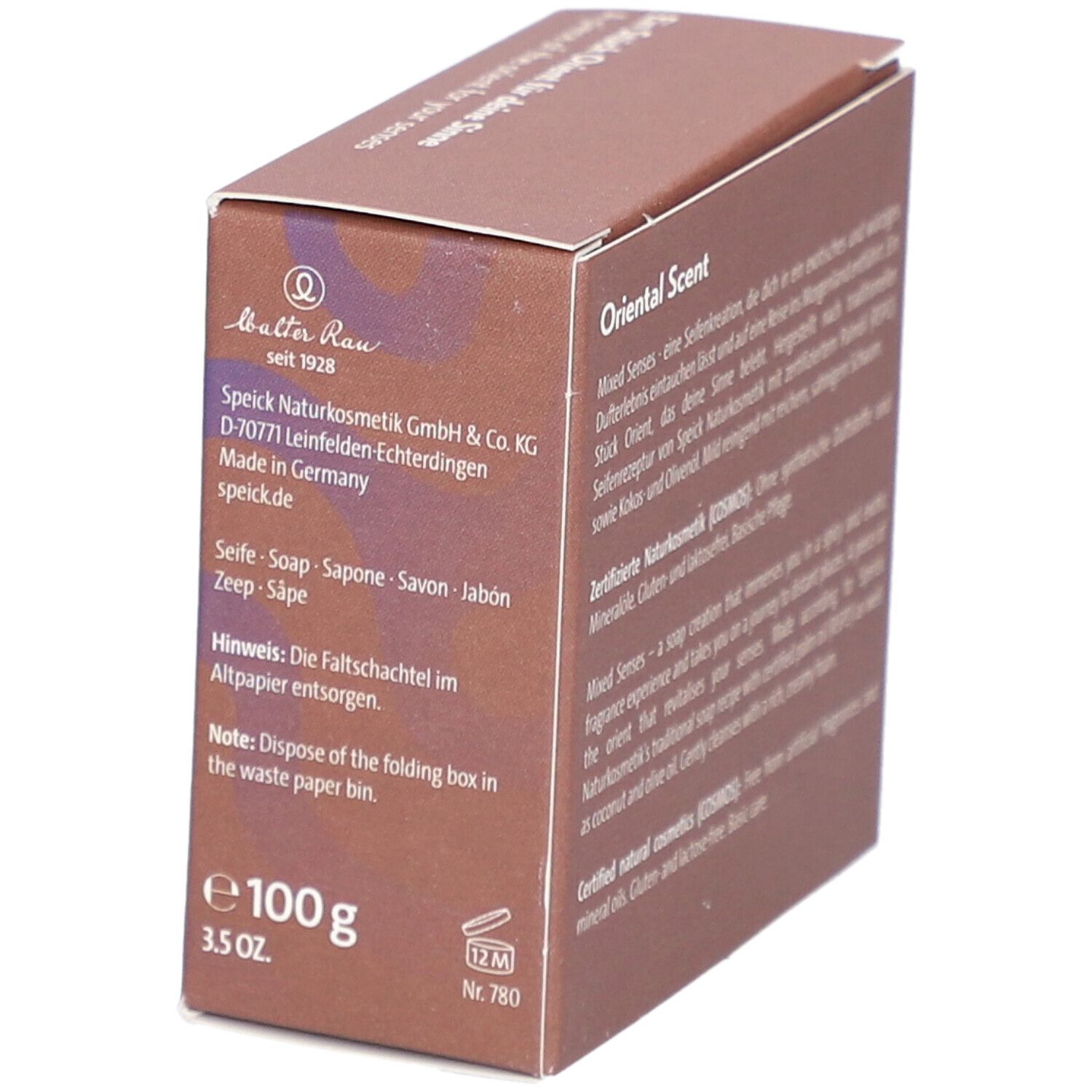 Boîte avec texte, logo Speick Naturkosmetik. Poids 100g, 3.5 oz. Logo végan.
