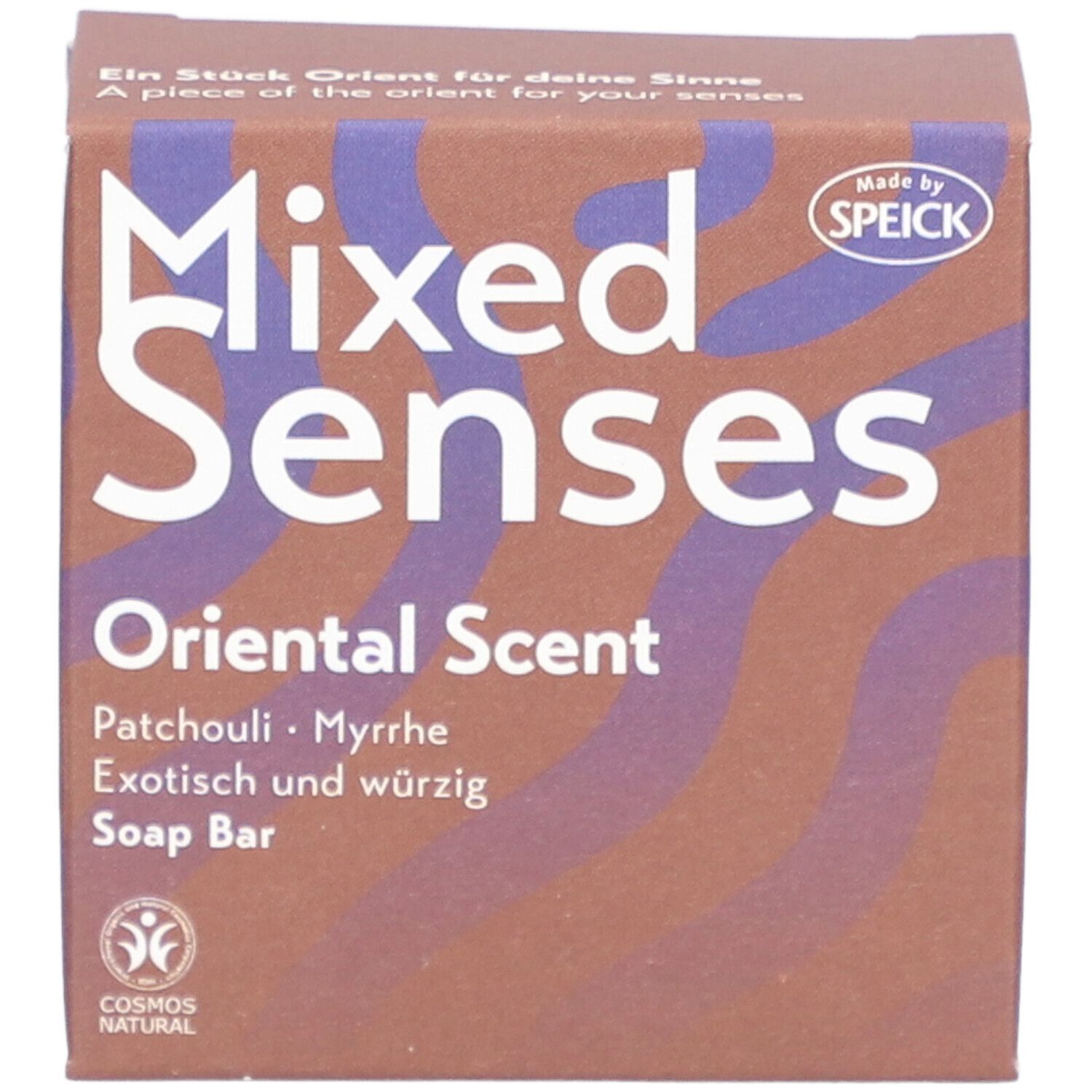 Boîte "Mixed Senses", "Oriental Scent", "Patchouli & Myrrhe". Certification Cosmos Natural visible.