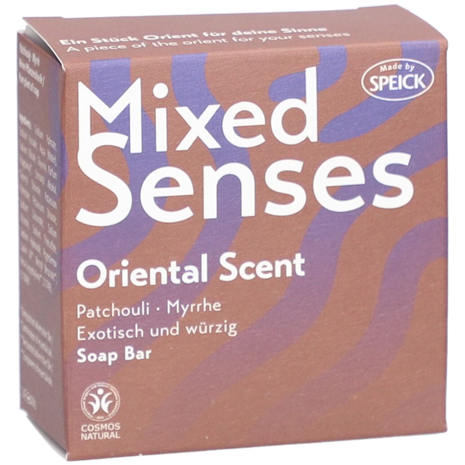 Boîte "Mixed Senses", "Oriental Scent", "Patchouli & Myrrhe". Certification Cosmos Natural visible.