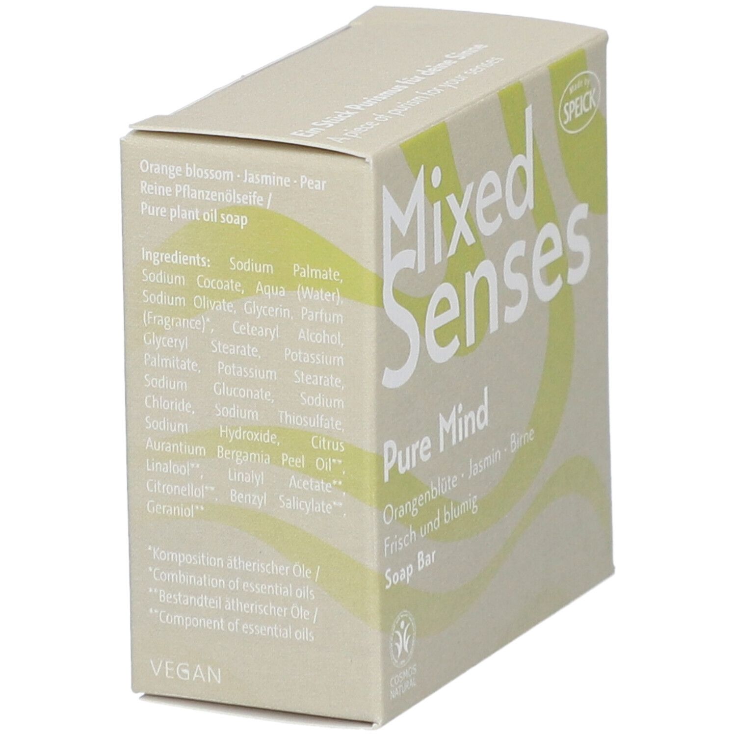 Boîte avec ingrédients et informations produit. Inscription: Mixed Senses Pure Mind, Orangenblüte, Jasmin, Birne. Vegan.