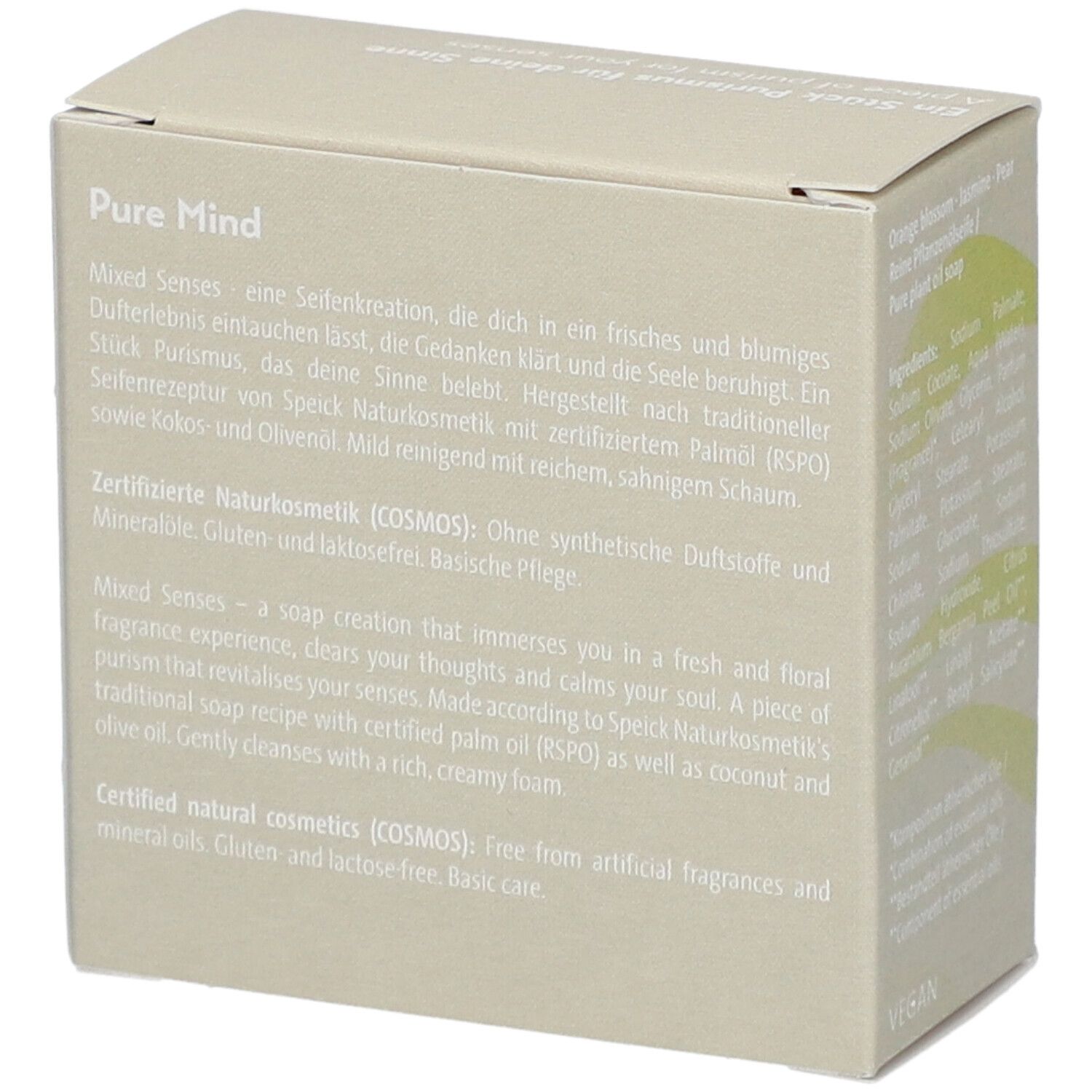 Boîte avec description du produit. Inscription: Mixed Senses Pure Mind, Orangenblüte, Jasmin, Birne. Vegan. Cosmos Natural.