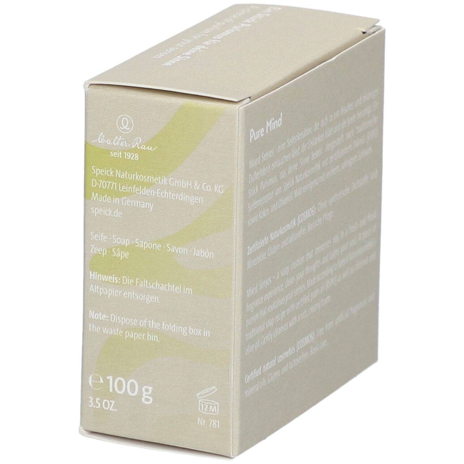 Boîte avec informations produit. Inscription: Mixed Senses Pure Mind, Orangenblüte, Jasmin, Birne. 100g. 3.5 OZ. Vegan.