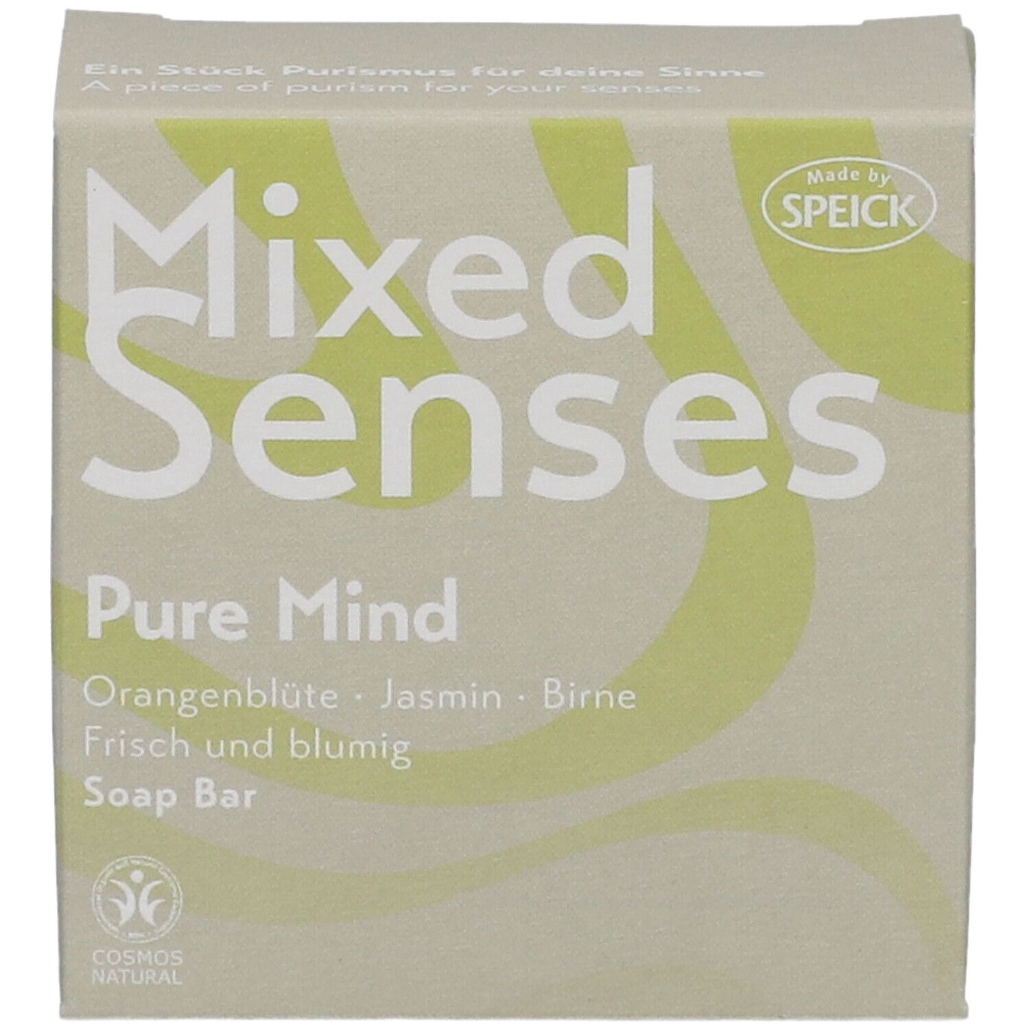 Boîte avec informations produit. Inscription: Mixed Senses Pure Mind, Orangenblüte, Jasmin, Birne. Vegan. Cosmos Natural.