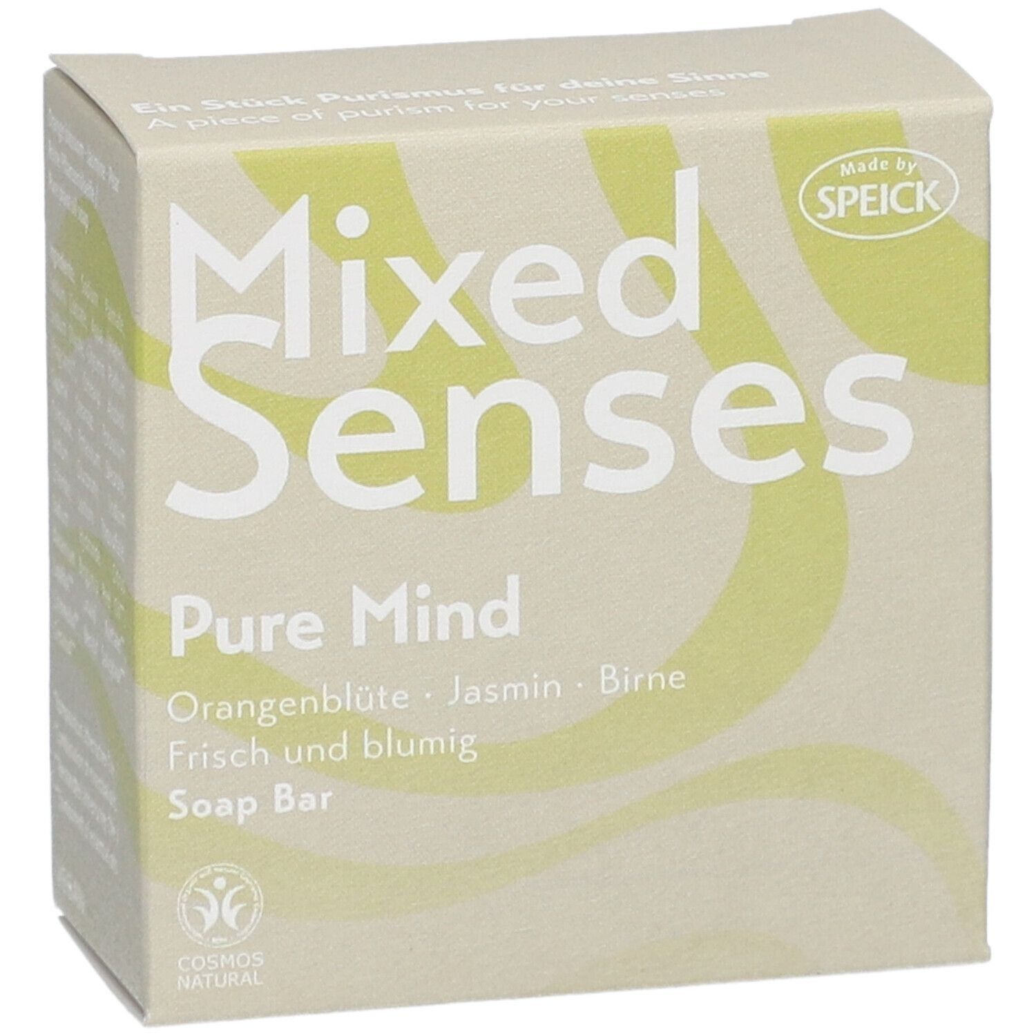 Boîte avec informations produit. Inscription: Mixed Senses Pure Mind, Orangenblüte, Jasmin, Birne. Vegan. Cosmos Natural.