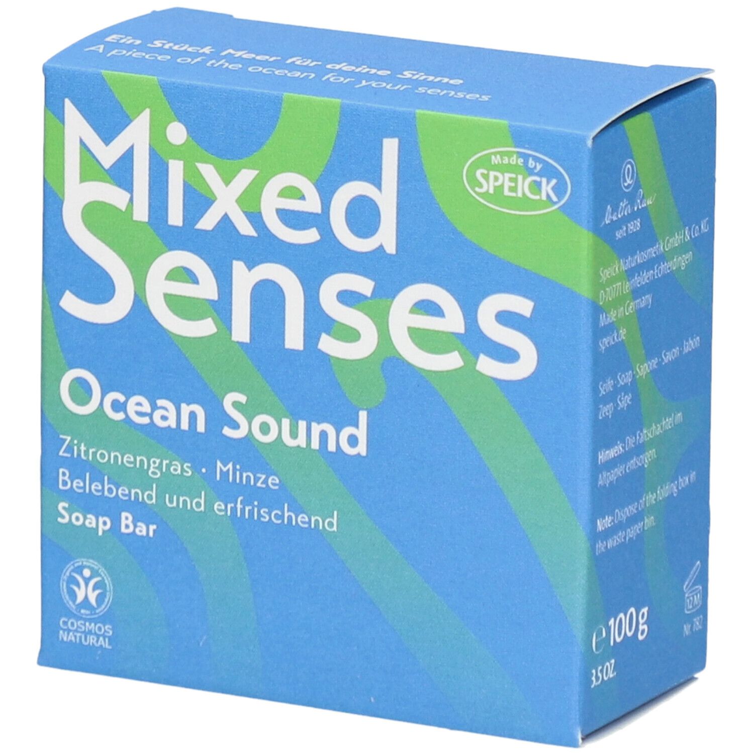 Boîte bleue "Mixed Senses Ocean Sound". Citronnelle & Menthe. Vegan. Certification Cosmos Natural.
