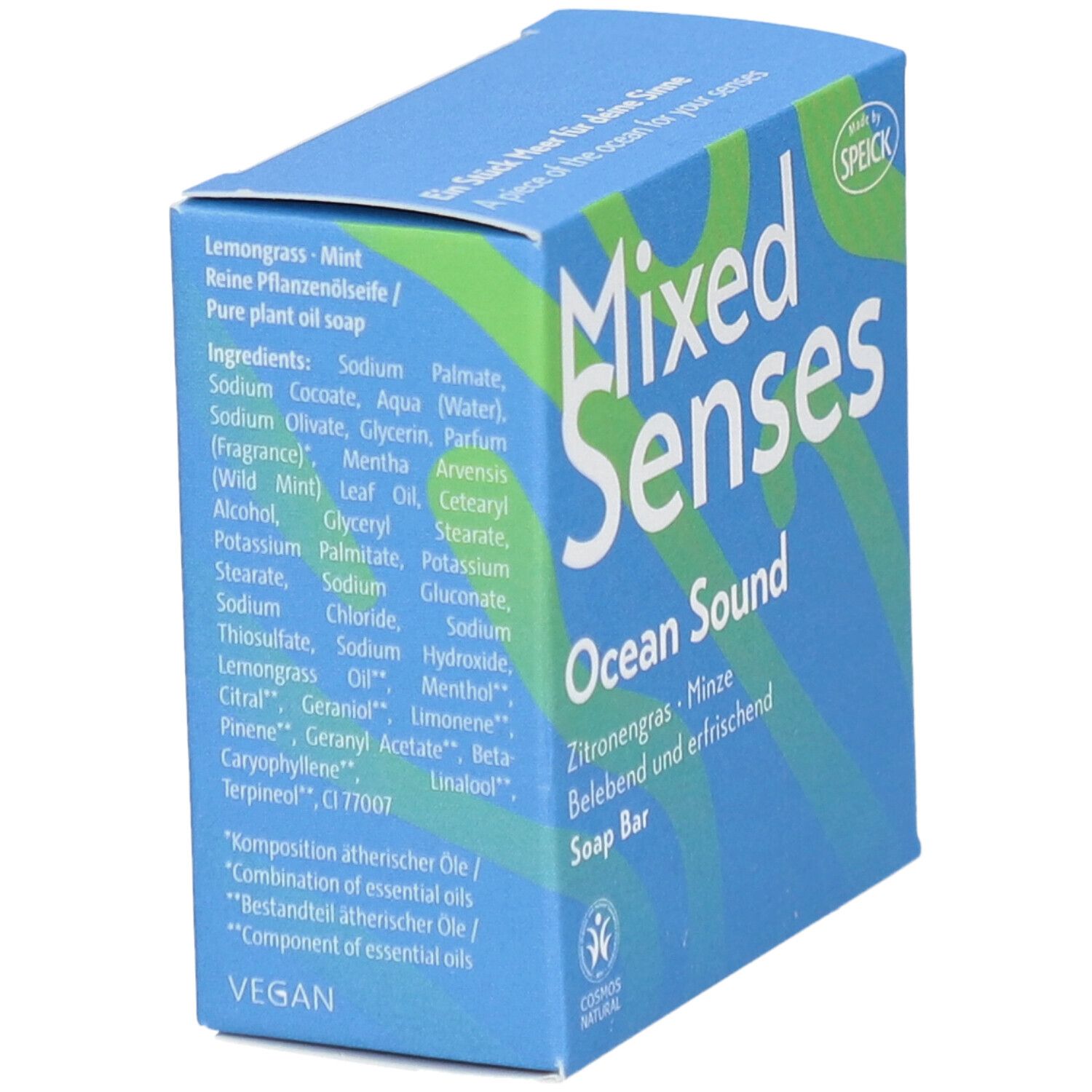 Boîte avec ingrédients et "Mixed Senses Ocean Sound". Citronnelle & Menthe. Vegan. Logo Cosmos Natural.