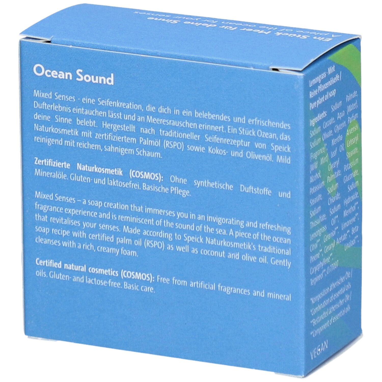 Dos de la boîte avec texte sur "Ocean Sound". Cosmétiques naturels certifiés (COSMOS). Sans gluten et lactose. Vegan.