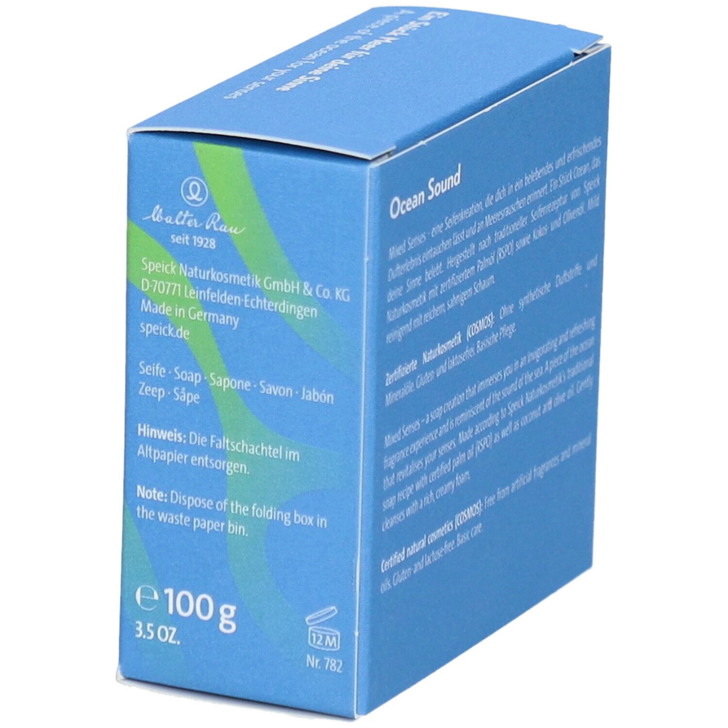 Boîte avec texte, informations fabricant et "Ocean Sound". 100g. 3.5 oz. Consignes de recyclage. Vegan.