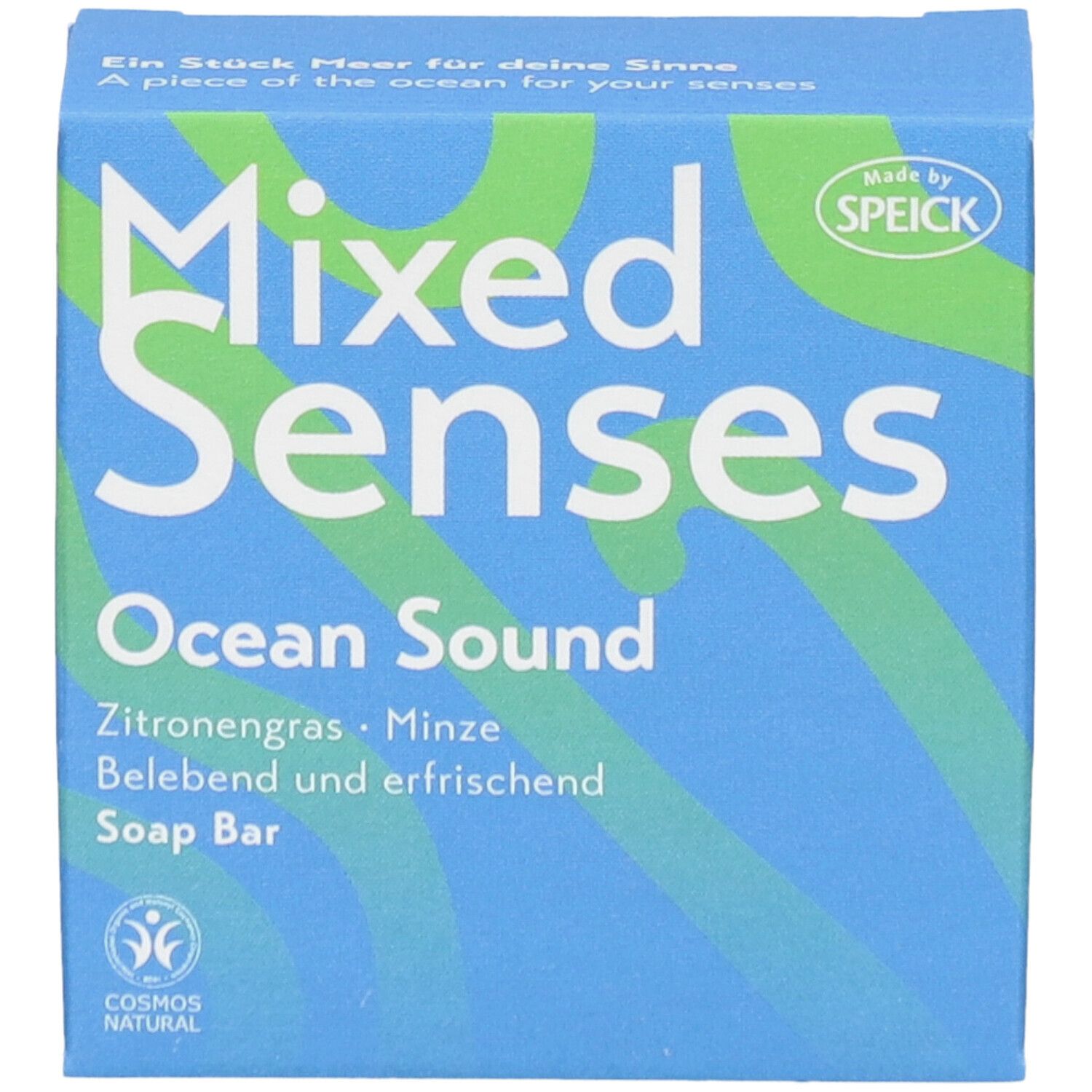 Boîte bleue "Mixed Senses Ocean Sound". Citronnelle & Menthe. Revigorant et rafraîchissant. Soap Bar. Cosmos Natural.