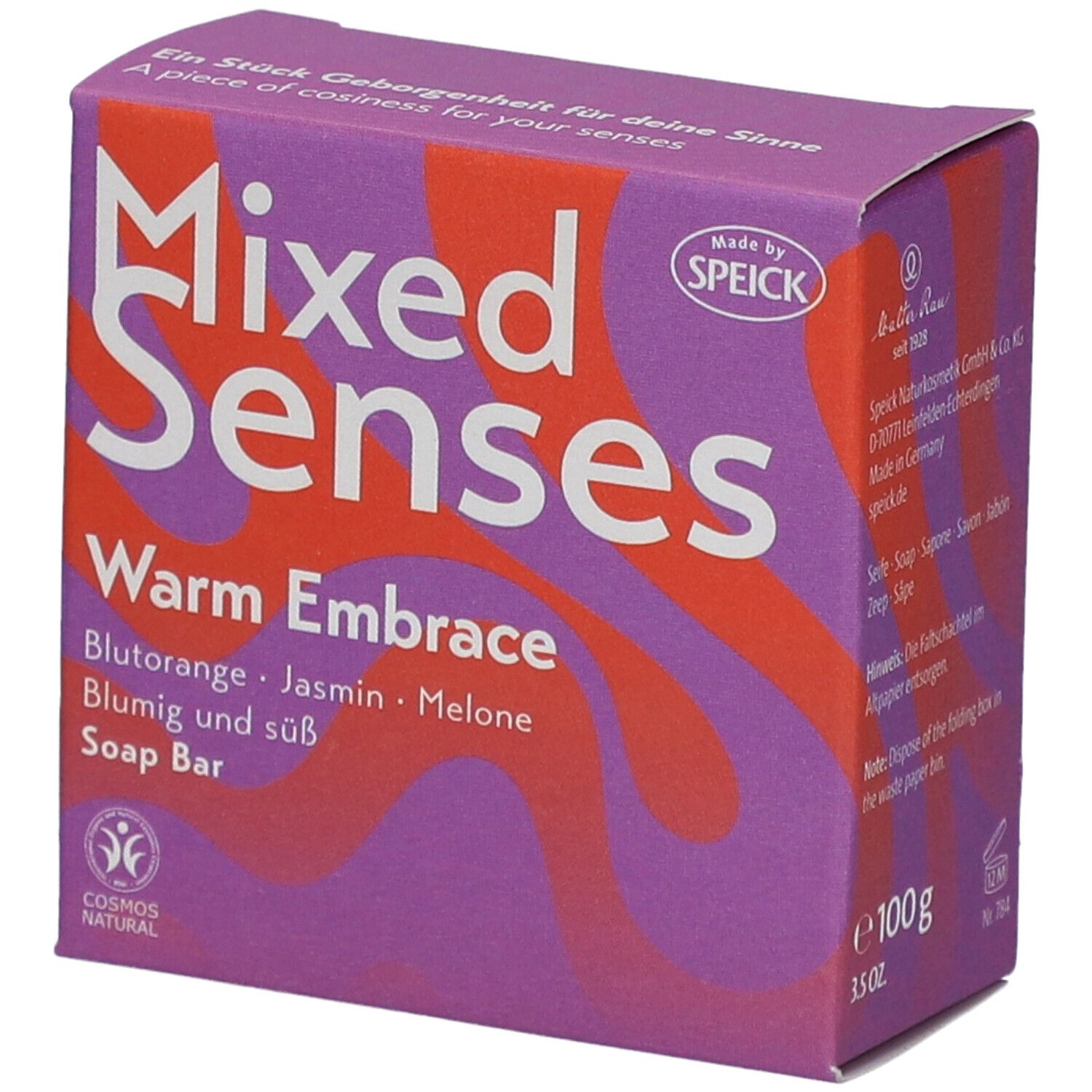 Boîte violette Mixed Senses Warm Embrace, Blutorange, Jasmin, Melone. Label Cosmos Natural.