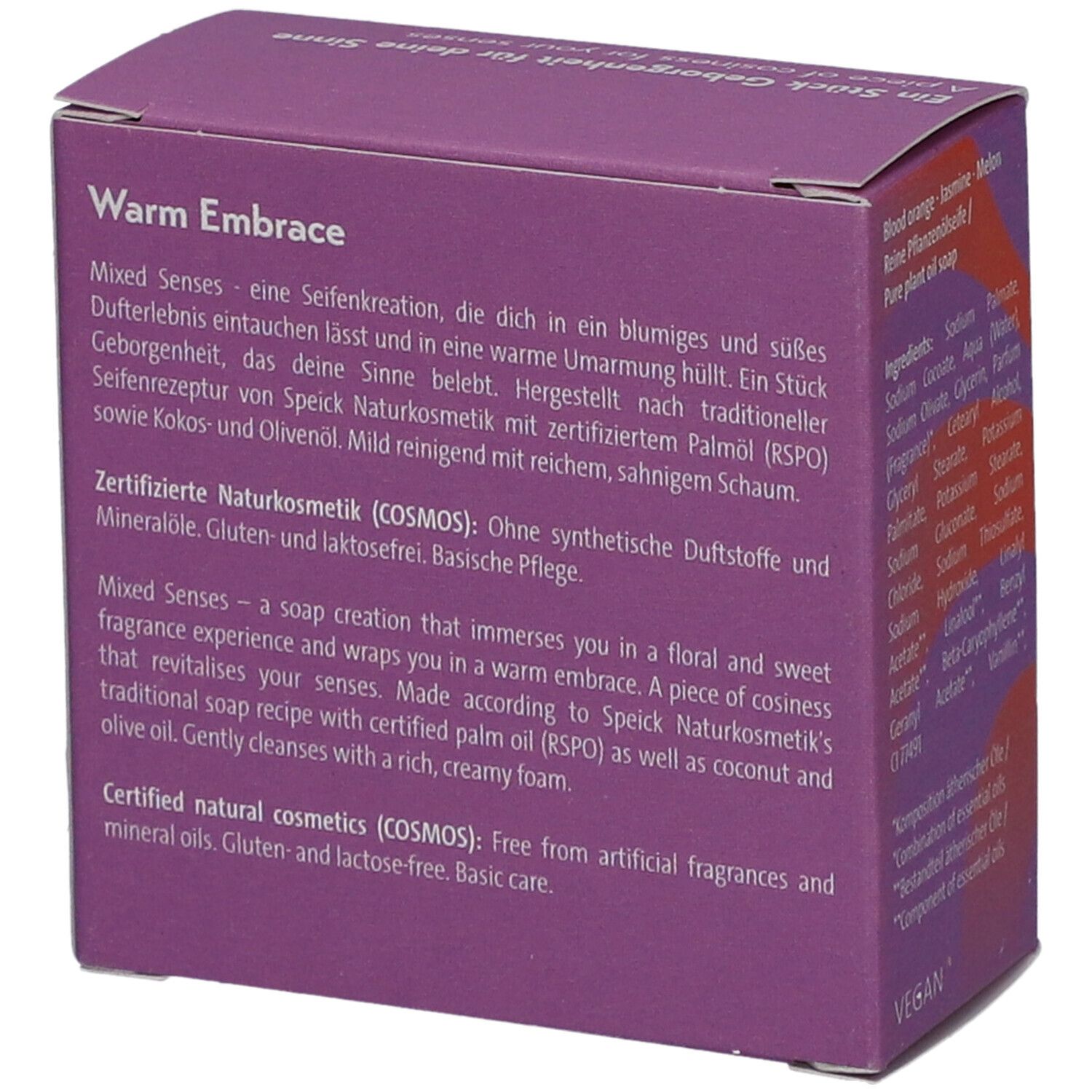 Boîte violette avec texte sur Mixed Senses, Warm Embrace. Cosmétiques naturels certifiés (COSMOS).