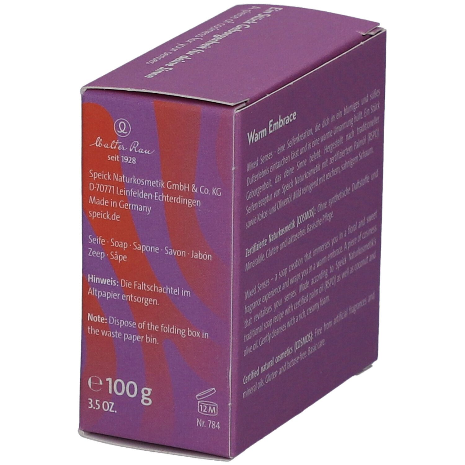 Boîte violette avec texte sur Mixed Senses, Warm Embrace. Informations fabricant, 100g, 3.5 oz.