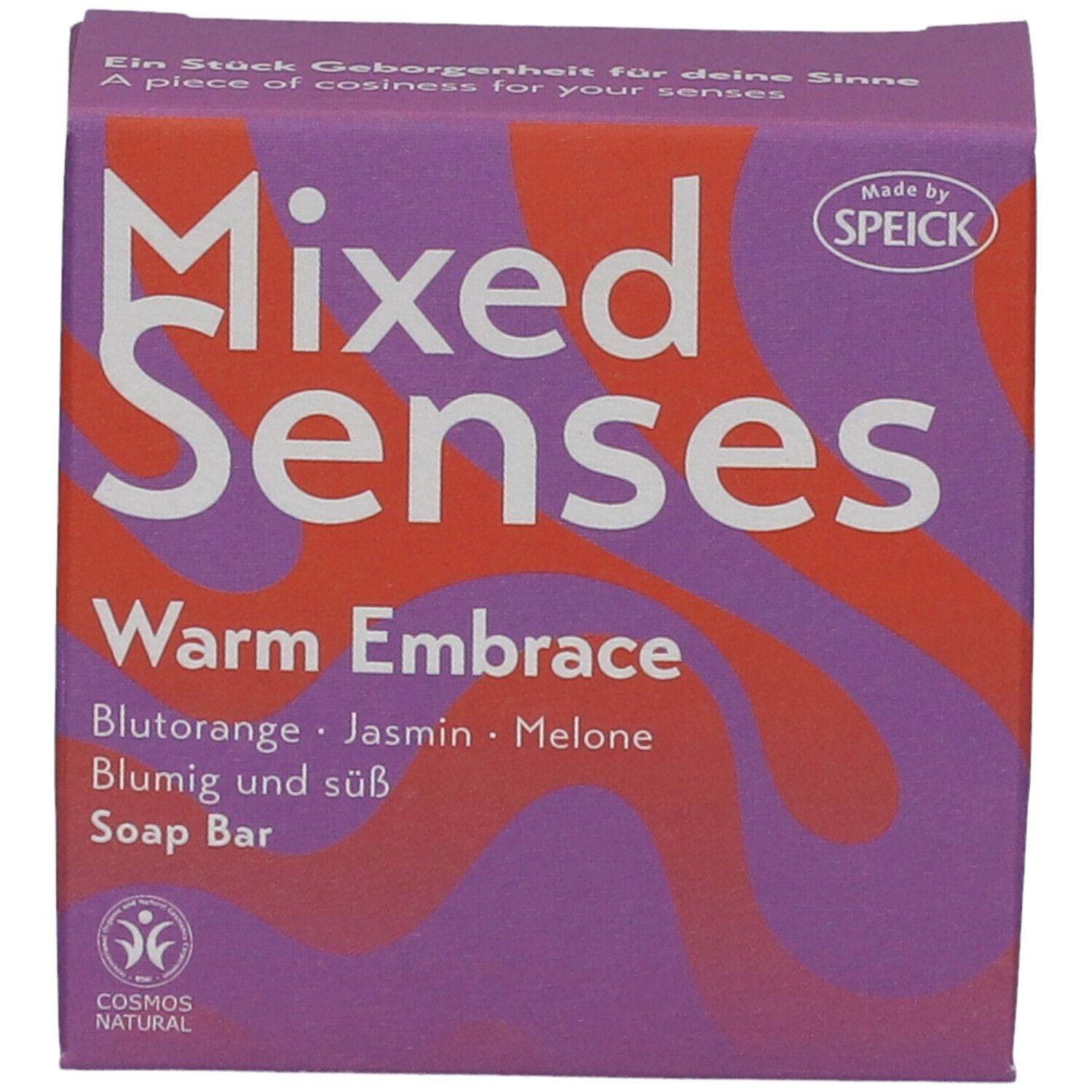 Boîte violette Mixed Senses Warm Embrace, Blutorange, Jasmin, Melone. Label Cosmos Natural.