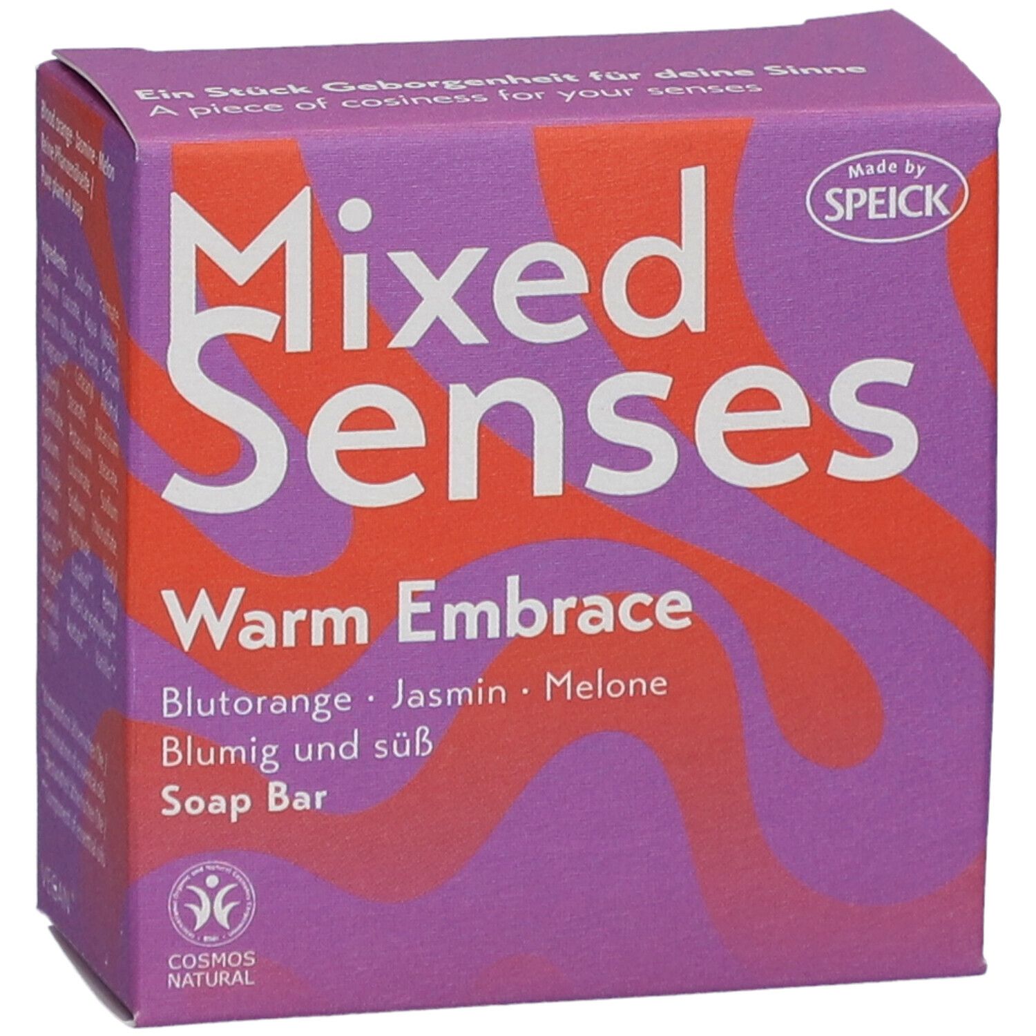 Boîte violette Mixed Senses Warm Embrace, Blutorange, Jasmin, Melone. Label Cosmos Natural.
