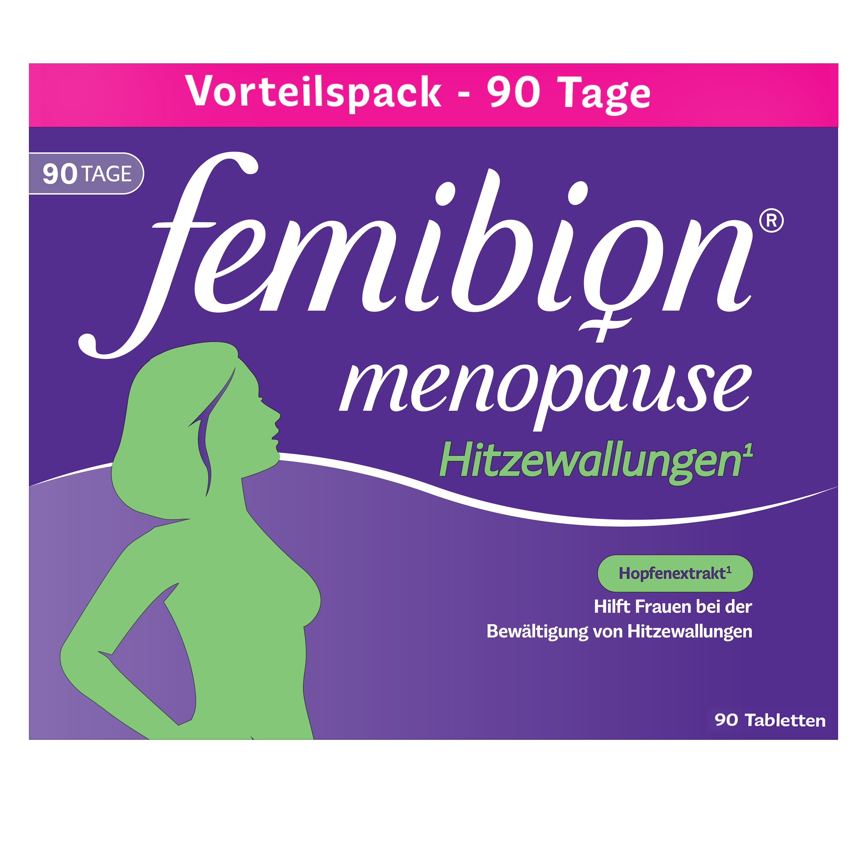 Femibion® Menopause Packung. Lila Schachtel mit Produktnamen, Frauensilhouette und Text. 90 Tabletten.