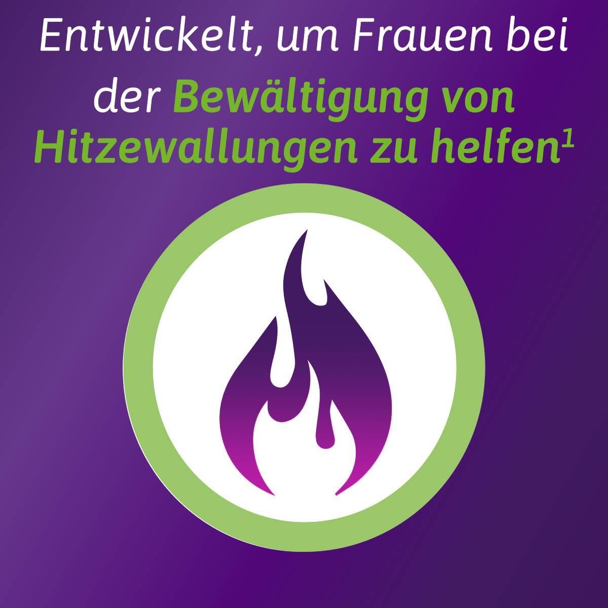 Flammen-Icon in grünem Kreis. Text: Entwickelt, um Frauen bei der Bewältigung von Hitzewallungen zu helfen.