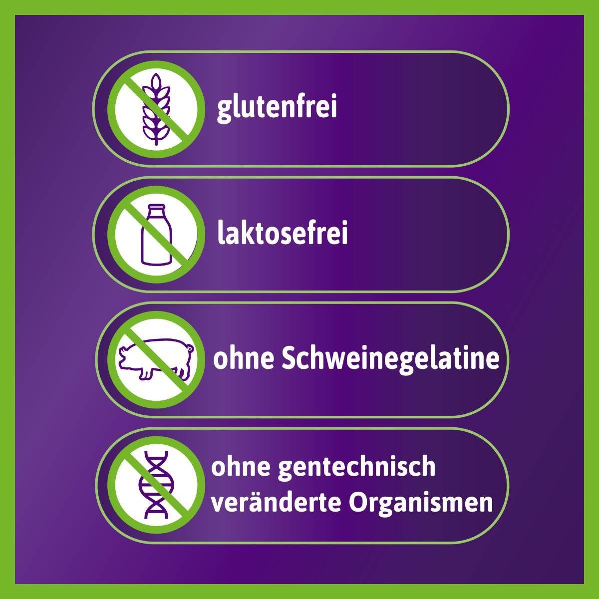 Symbole: glutenfrei, laktosefrei, ohne Schweinegelatine, ohne gentechnisch veränderte Organismen.