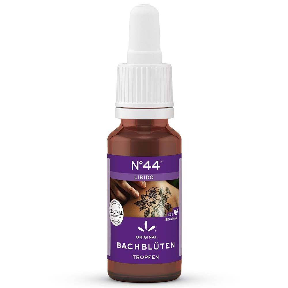 Flacon en verre brun avec compte-gouttes blanc. Étiquette violette avec texte: Nr. 44 Libido, Original Bachblüten Tropfen. Bio & vegan.