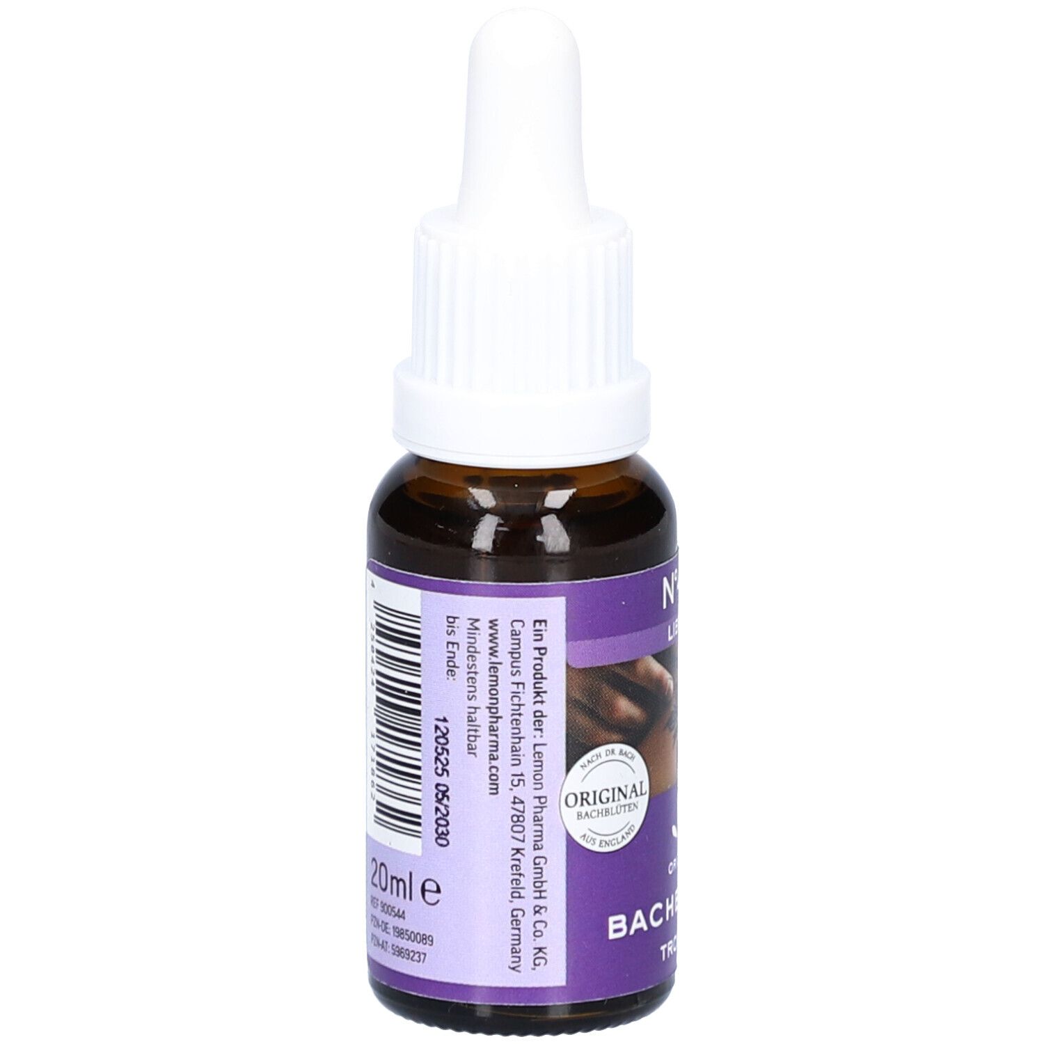 Flacon en verre brun avec compte-gouttes blanc. Étiquette violette avec texte et code-barres. Texte: 20ml. Logo: Original Bachblüten.