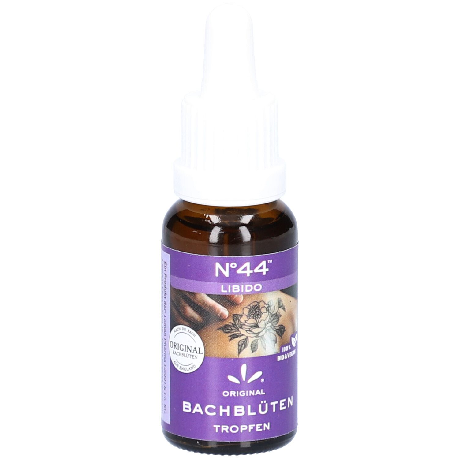 Flacon en verre brun avec compte-gouttes blanc. Étiquette violette avec texte: Nr.44 Libido, Original Bachblüten Tropfen. Logo: Bio & Vegan.