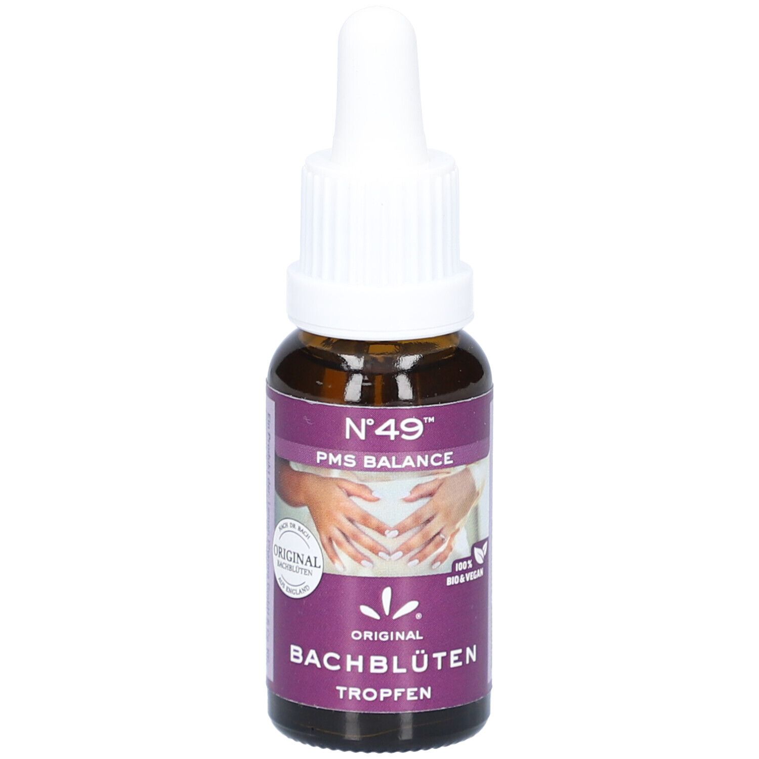 Braune Glasflasche mit weißem Tropfer. Aufschrift: BACHBLÜTEN Nr.49 PMS Balance. Lila Etikett mit Logo und Text.