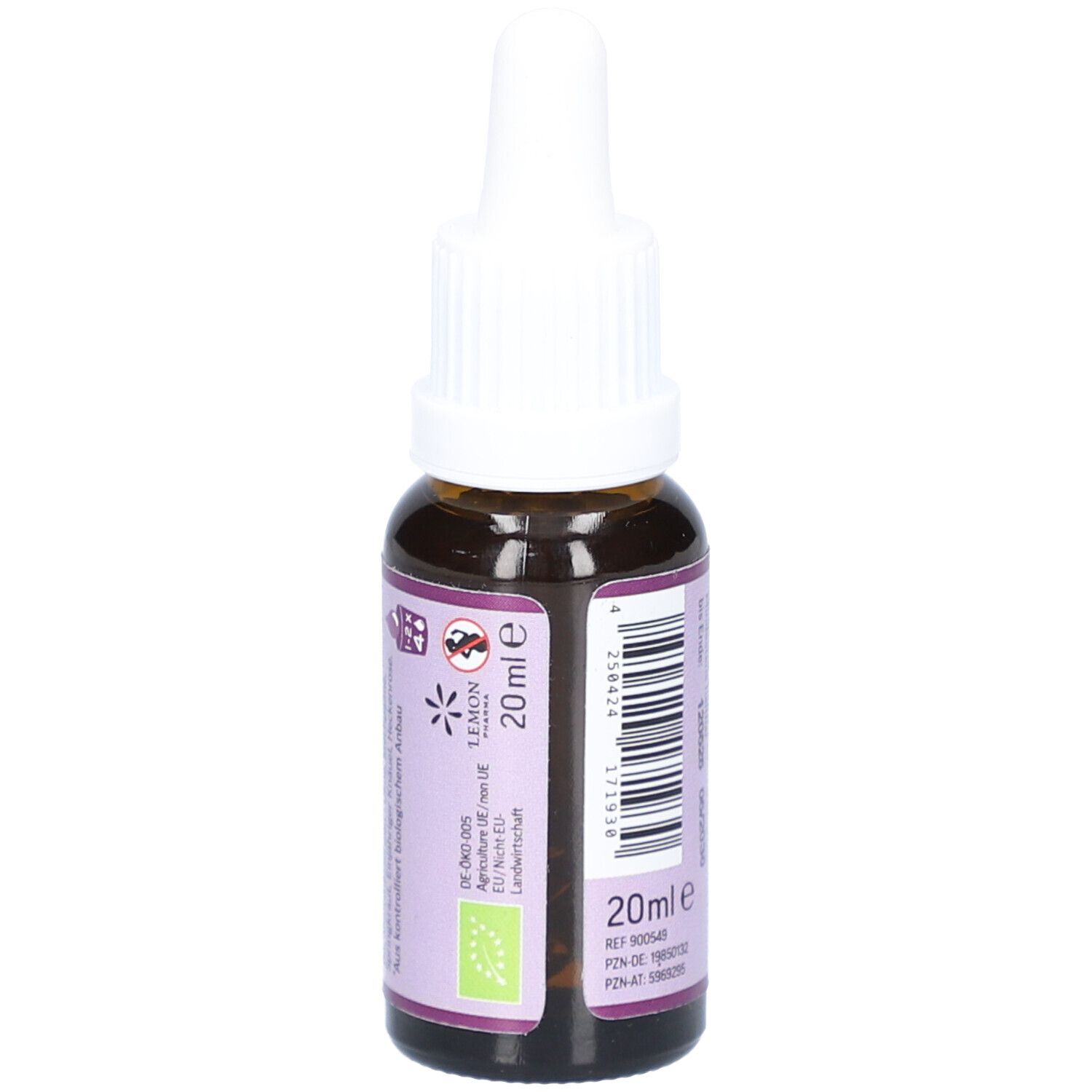 Braune Glasflasche mit weißem Tropfer. Lila Etikett mit Text und Barcode. Aufschrift: 20ml e. Bio-Siegel.