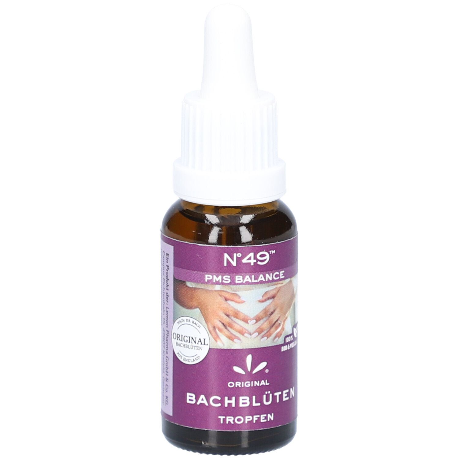 Braune Glasflasche mit weißem Tropfer. Aufschrift: BACHBLÜTEN Nr.49 PMS Balance. Lila Etikett mit Logo und Text.