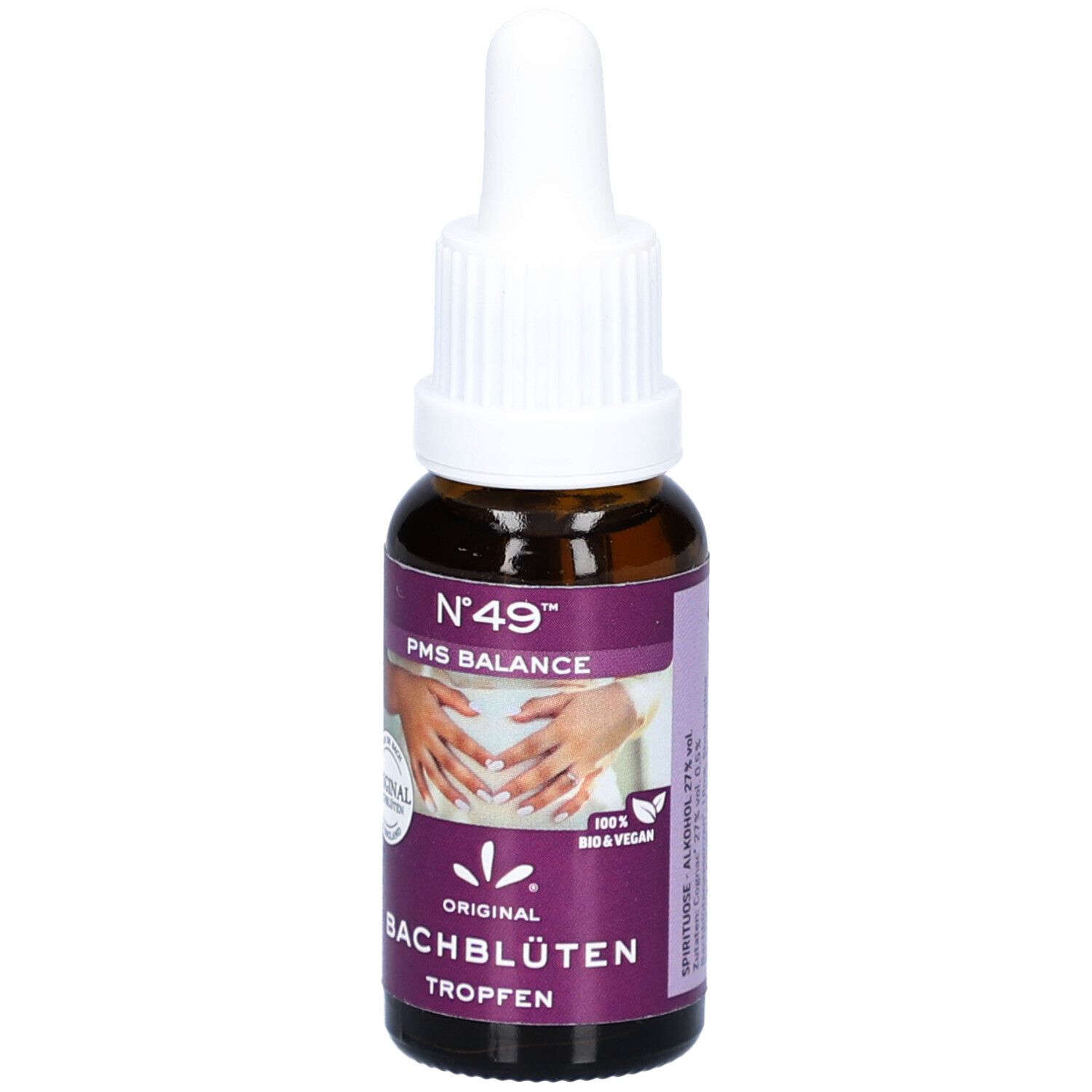 Braune Glasflasche mit weißem Tropfer. Aufschrift: BACHBLÜTEN Nr.49 PMS Balance. Lila Etikett mit Logo und Text.