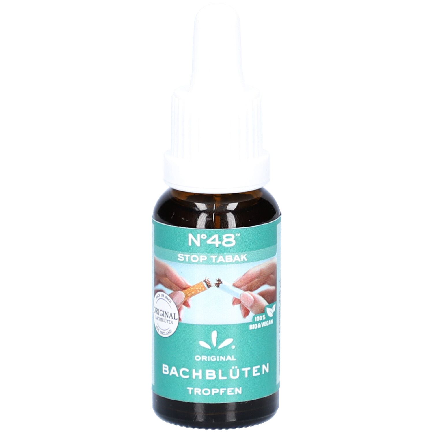 Flacon en verre brun avec bouchon blanc. Inscription : N°48 STOP TABAK, BACHBLÜTEN Tropfen. Illustration : une cigarette cassée.
