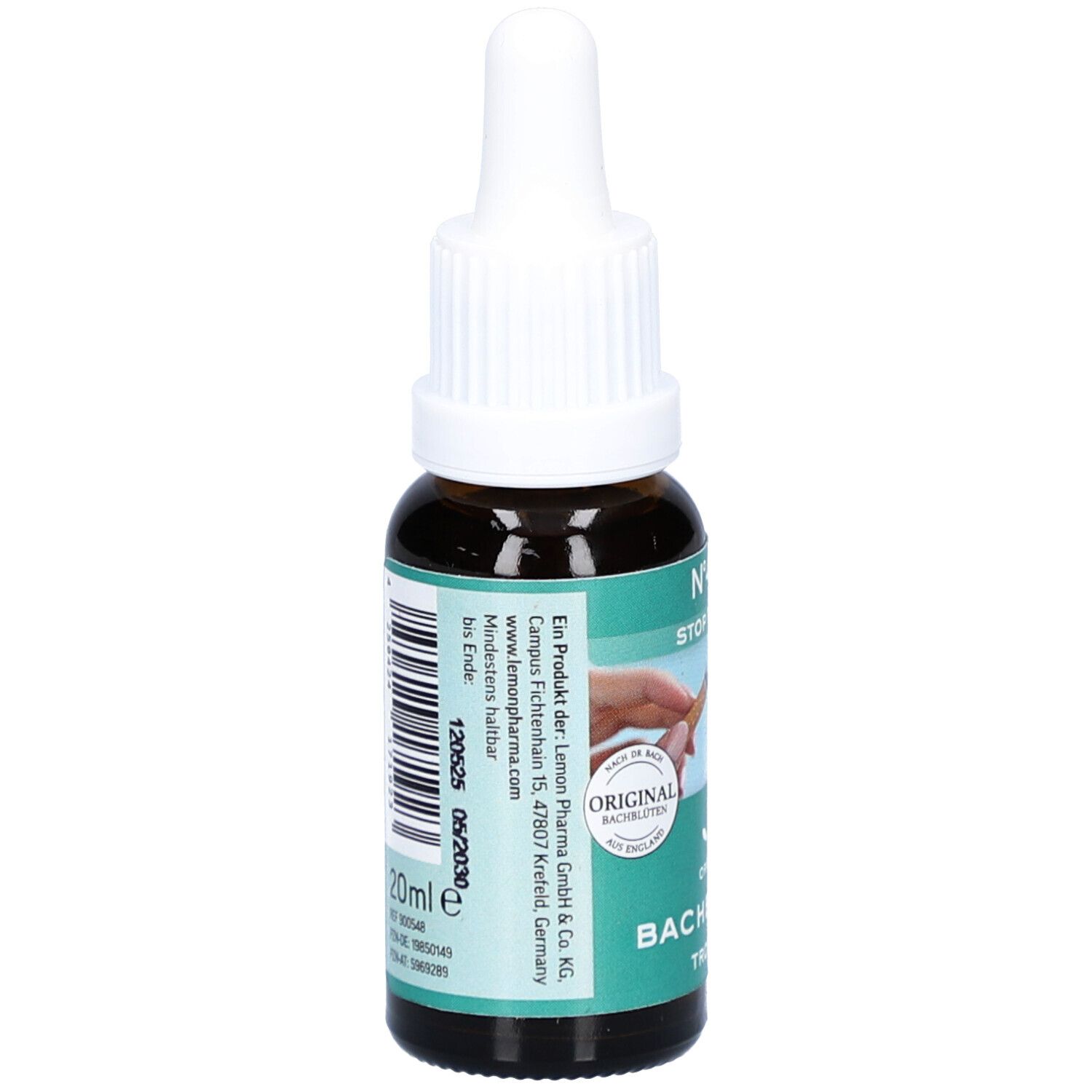 Flacon en verre brun avec bouchon blanc. Inscription : N°48 STOP TABAK, BACHBLÜTEN Tropfen. Étiquette avec texte et code-barres.
