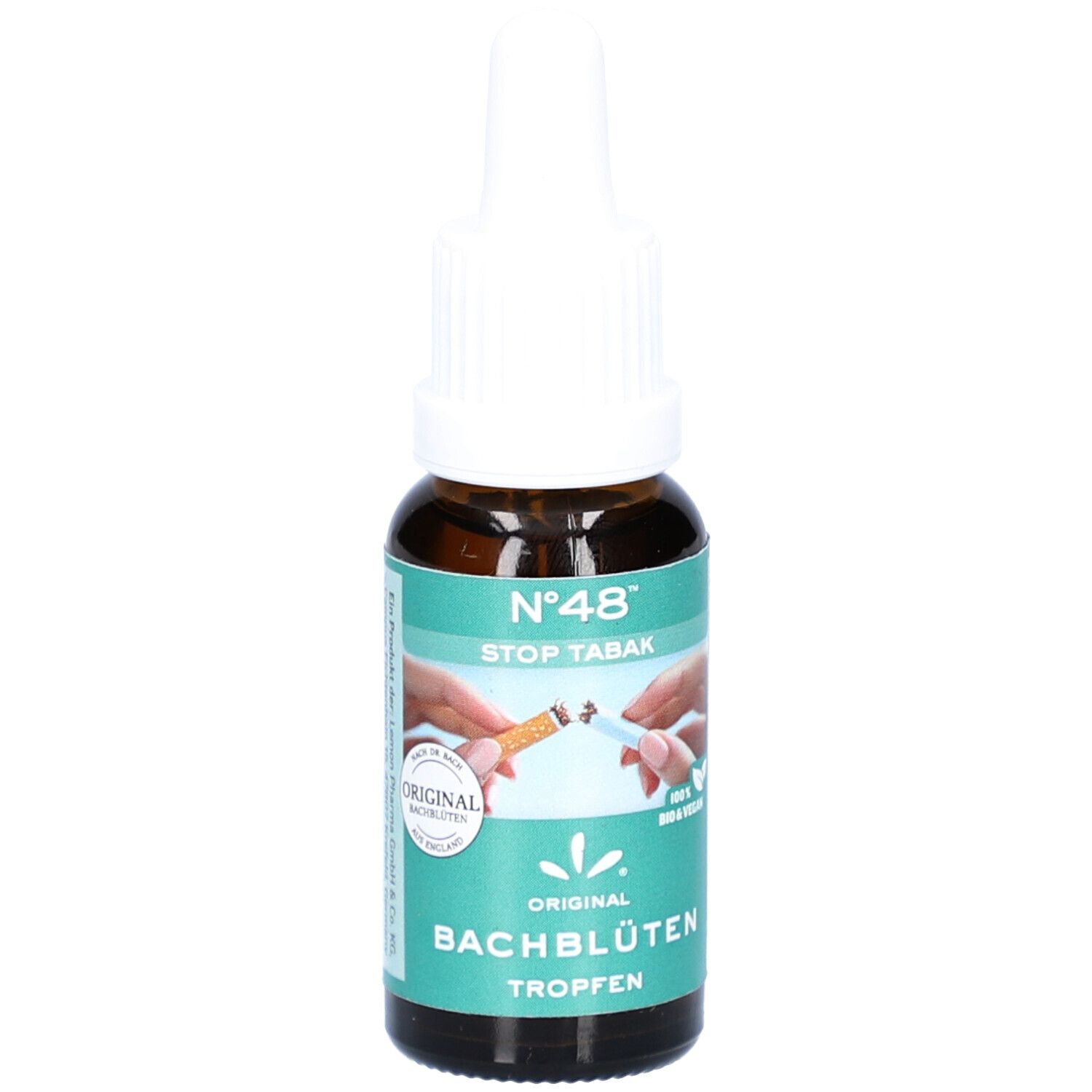 Flacon en verre brun avec bouchon blanc. Inscription : N°48 STOP TABAK, BACHBLÜTEN Tropfen. Illustration : une cigarette cassée.