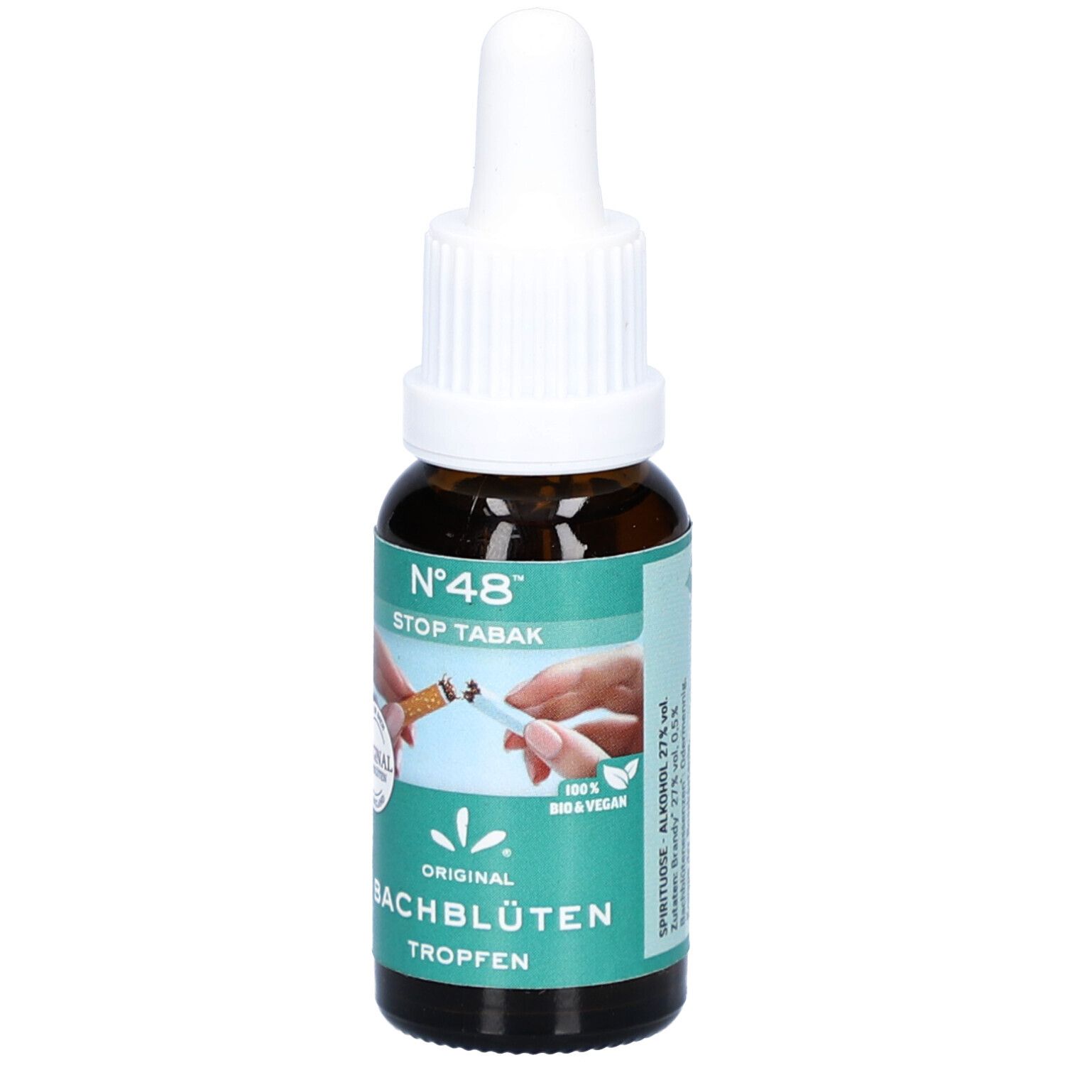 Flacon en verre brun avec bouchon blanc. Inscription : N°48 STOP TABAK, BACHBLÜTEN Tropfen. Illustration : une cigarette cassée. 20ml.