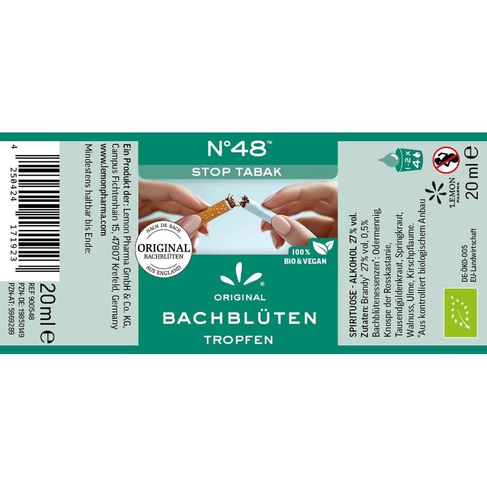 Étiquette avec informations produit. Texte: N°48 Stop Tabak, Original Bachblüten Tropfen. Contient ingrédients et certifications.