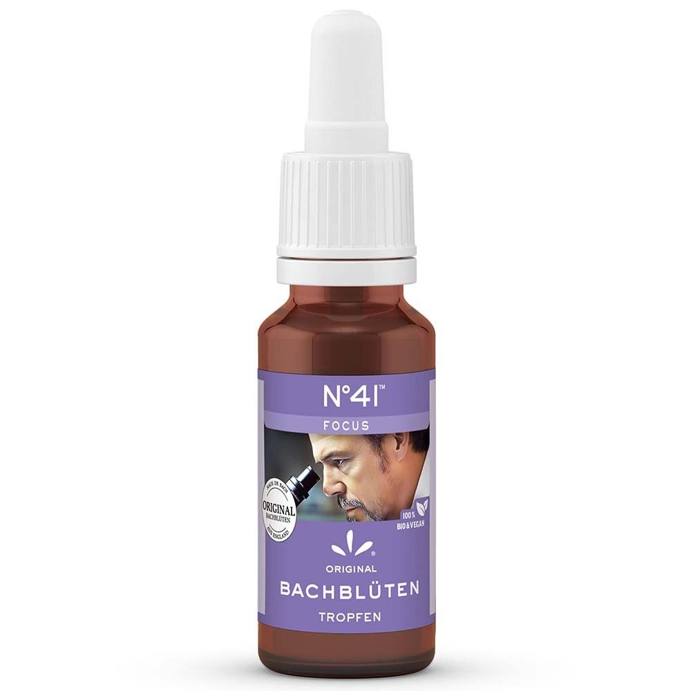 Braune Glasflasche mit weißem Tropfer. Aufschrift: N°41 FOCUS, ORIGINAL BACHBLÜTEN TROPFEN. Bio & vegan.