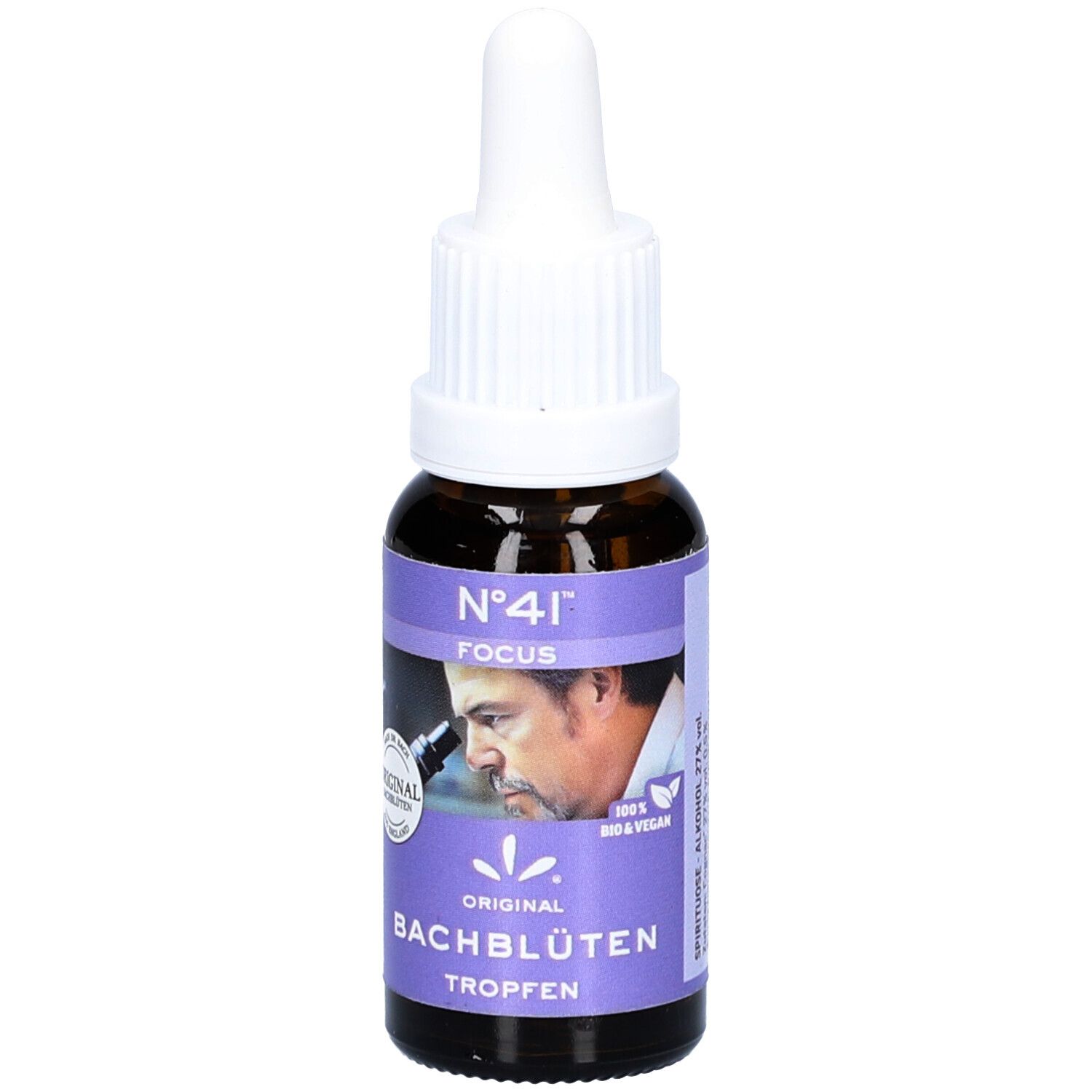 Flacon en verre brun avec compte-gouttes blanc. Étiquette violette avec texte: Nr.41 FOCUS, Bachblüten Tropfen. Homme au microscope.