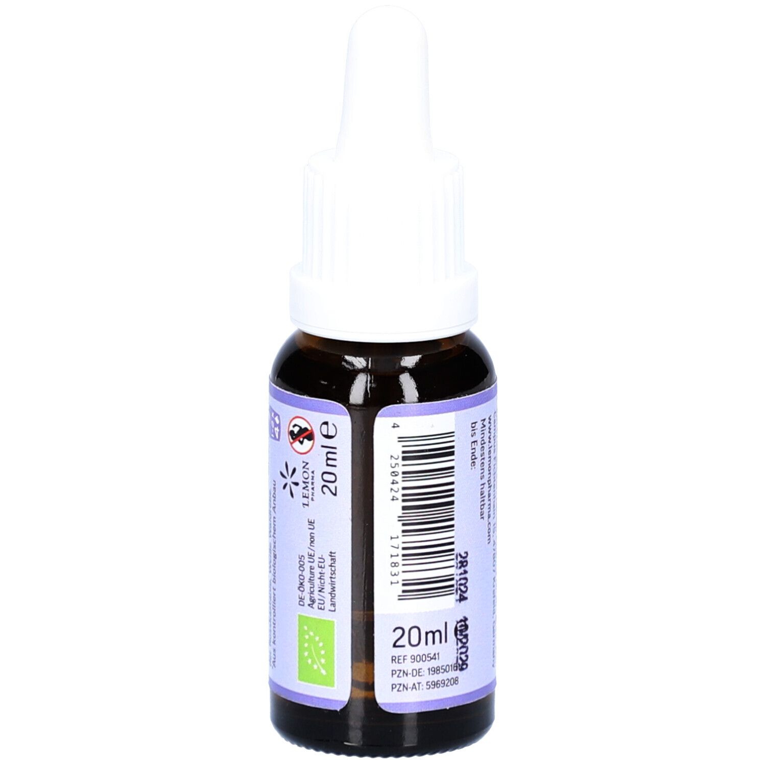 Flacon en verre brun avec compte-gouttes blanc. Étiquette violette avec texte: 20ml, Nr.41 FOCUS, Bachblüten Tropfen. Label bio.