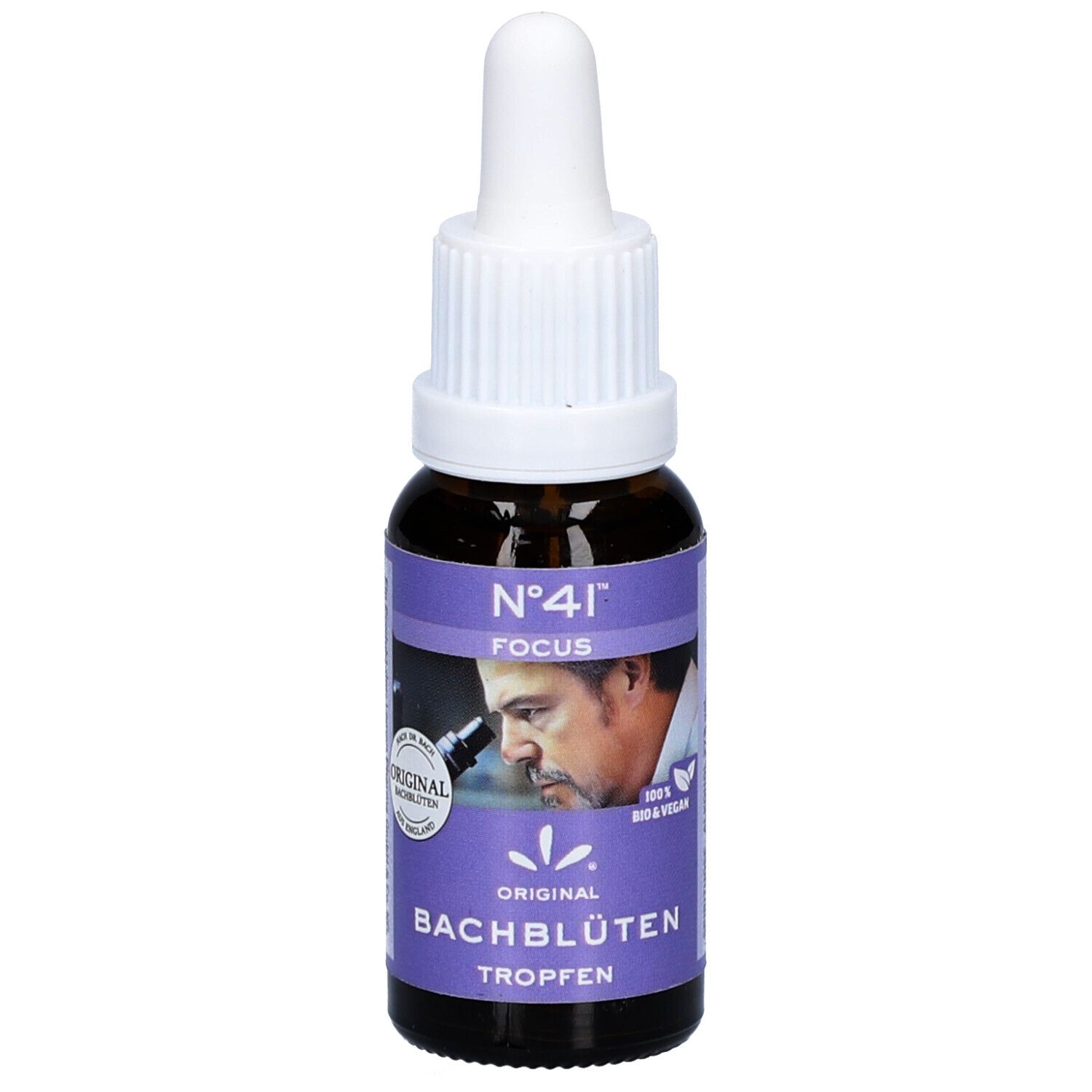 Flacon en verre brun avec compte-gouttes blanc. Étiquette violette avec texte: Nr.41 FOCUS, Bachblüten Tropfen. Homme au microscope, label bio.