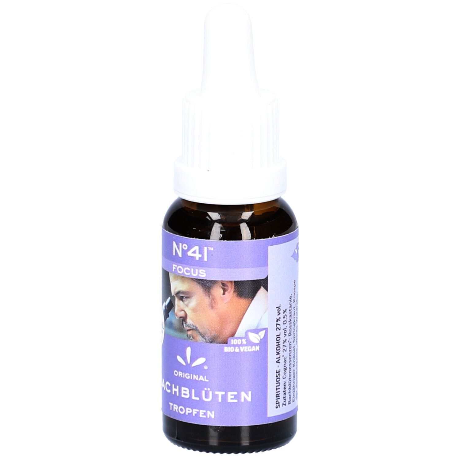 Flacon en verre brun avec compte-gouttes blanc. Étiquette violette avec texte: Nr.41 FOCUS, Bachblüten Tropfen. Spiritueux, alcool 27% vol.