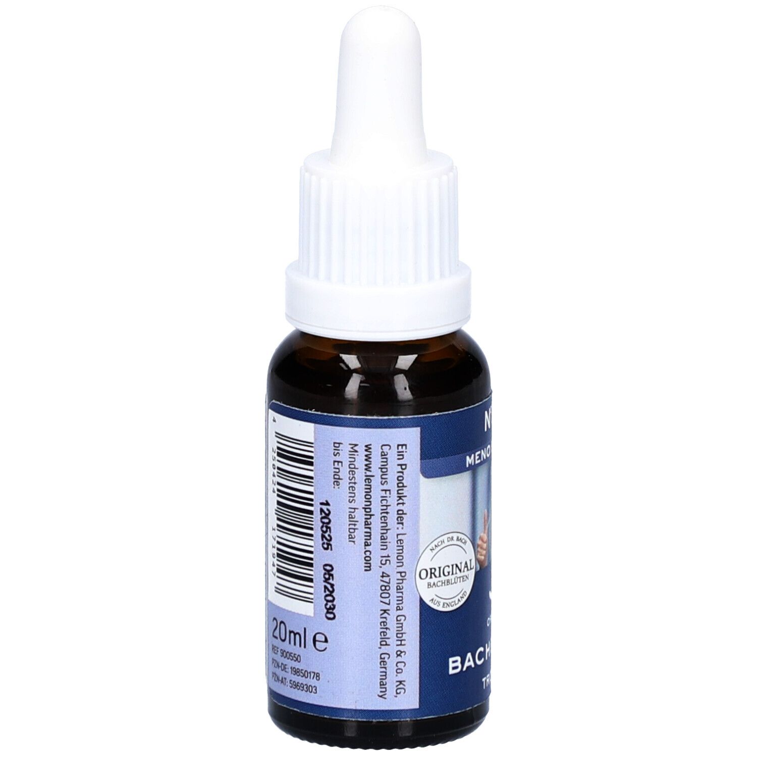 Braune Glasflasche mit weißem Deckel. Rückseite mit Informationen, Barcode und Mindesthaltbarkeitsdatum. 20ml.